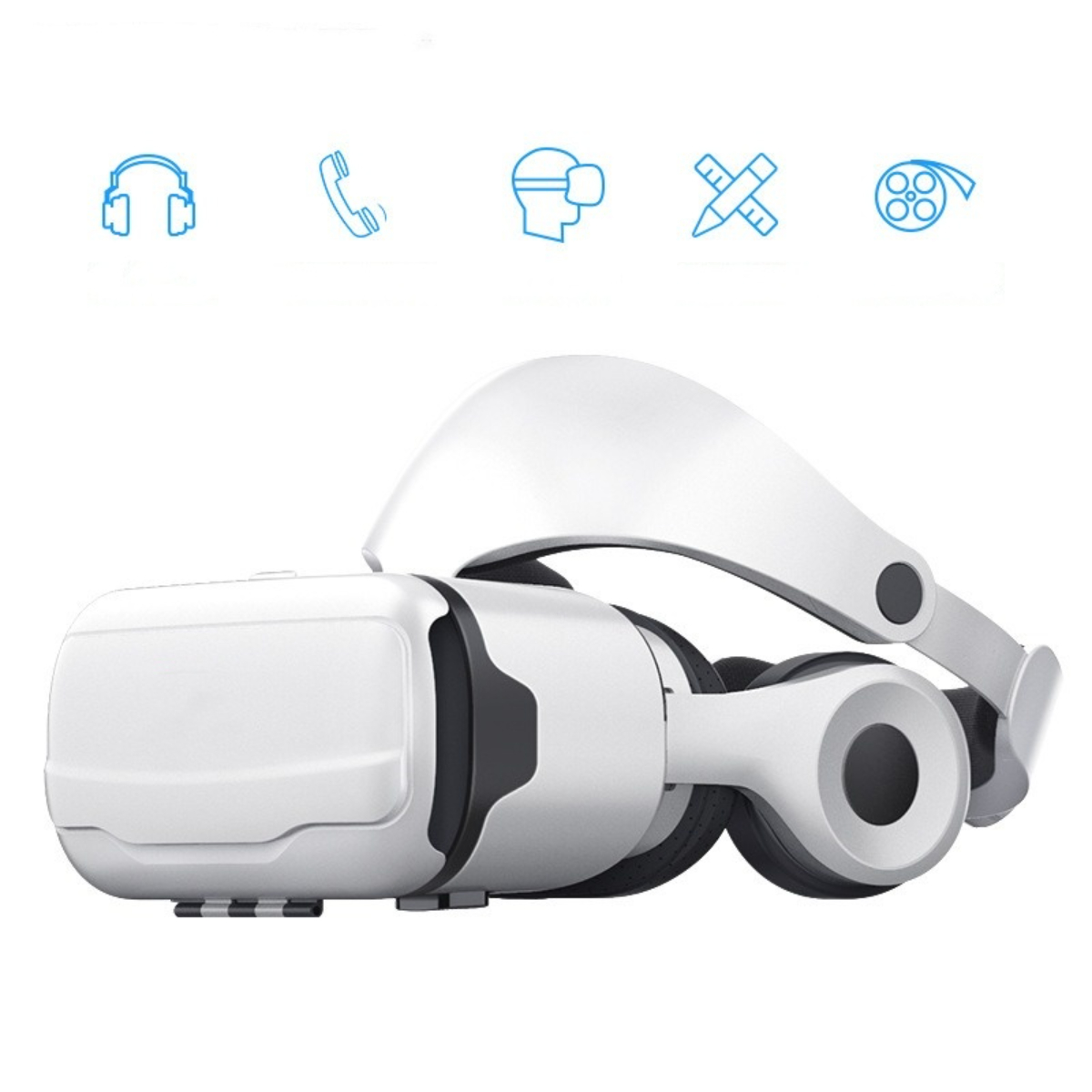 Weißes VR-Headset mit Symbolen. Enthält Symbole für Kopfhörer, Telefon und andere.