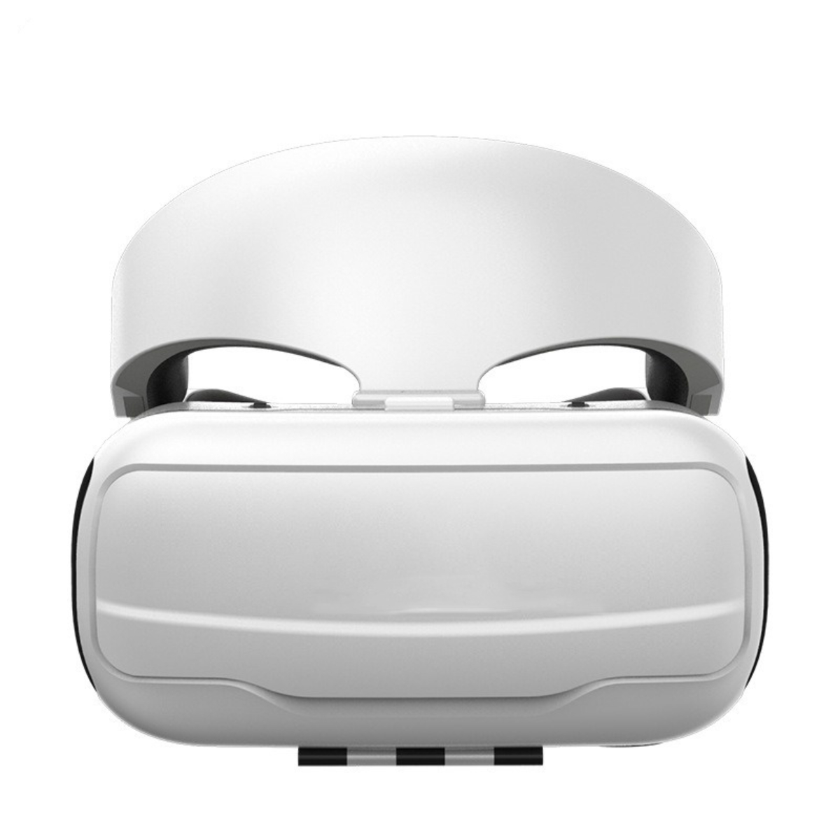 Weiße VR-Brille, Vorderansicht, mit gewölbter Oberseite und rechteckiger Basis, isoliert auf Weiß.