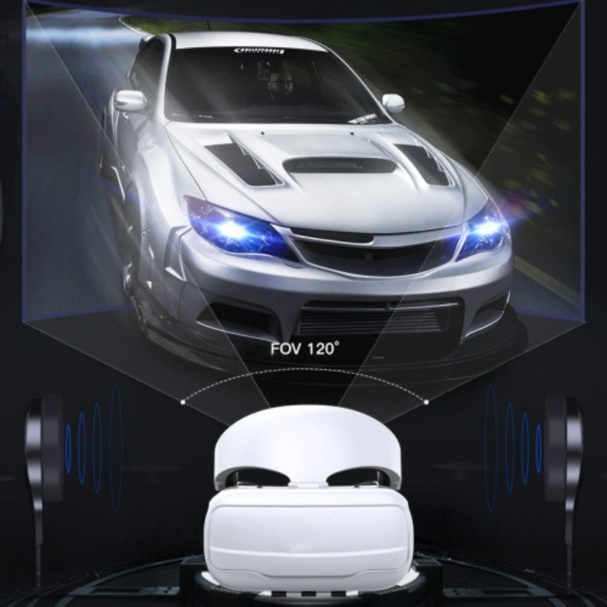 Ein weißes VR-Headset mit Autoscheinwerfern und einer projizierten Ansicht sowie Lautsprechern.