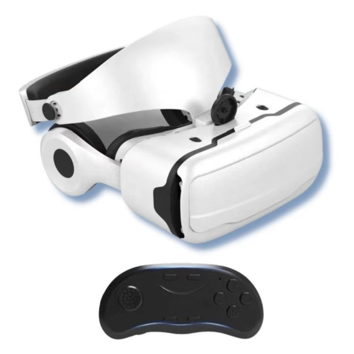 Weißes VR-Headset und ein schwarzer Controller auf weißem Grund.