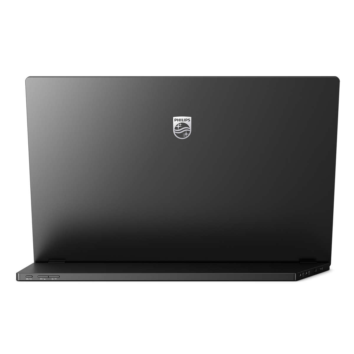 Czarny laptop ze srebrnym logo na pokrywie, na białym tle.