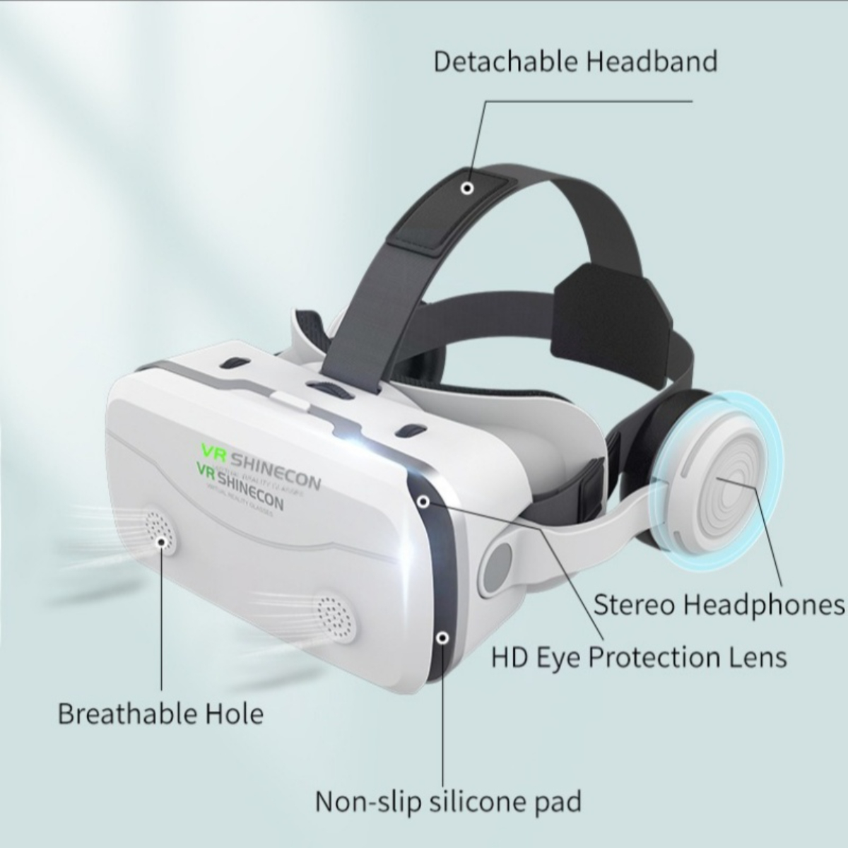 Ein weißes VR-Headset mit schwarzen Riemen und Stereo-Kopfhörern, beschriftet mit Text und Pfeilen. Weißer Hintergrund.
