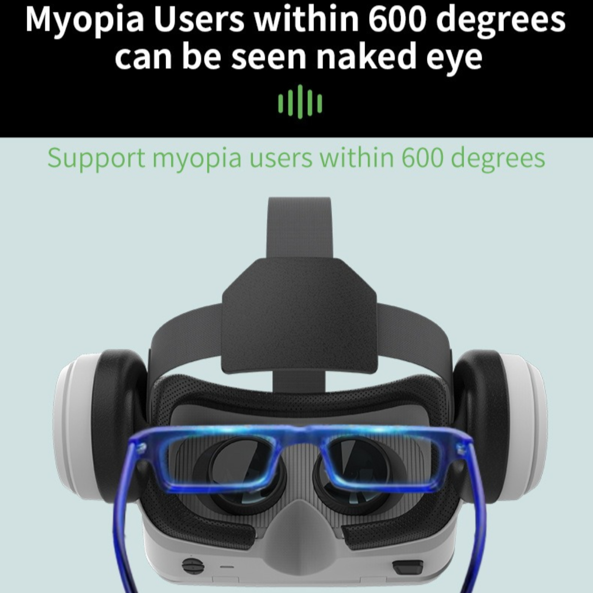 VR-Headset mit blauer Brille. Text: Kurzsichtige Benutzer innerhalb von 600 Grad können mit bloßem Auge gesehen werden.
