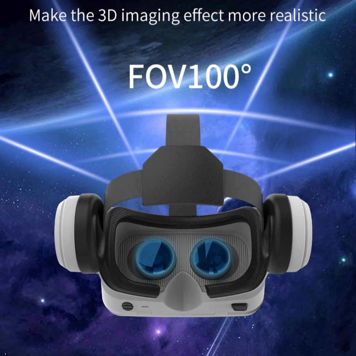 VR-Headset mit weißem und schwarzem Design. Text: 'Machen Sie den 3D-Bildeffekt realistischer. FOV100°'.