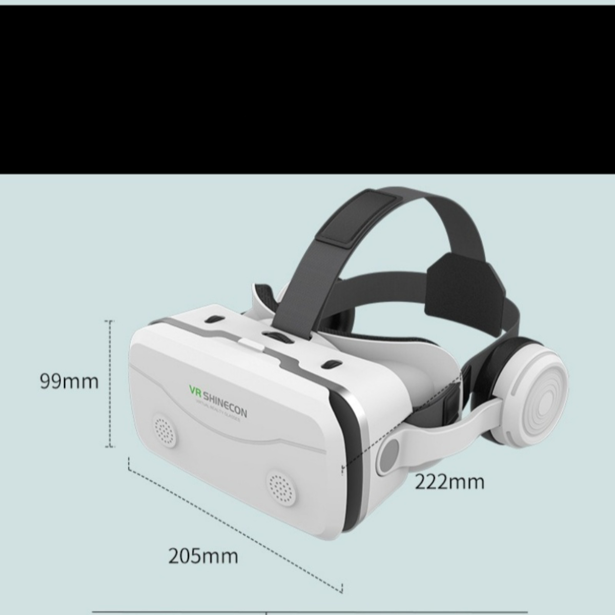 VR-Headset mit schwarzem Riemen und Kopfhörern, weißer Vorderseite und Abmessungen von 205 mm x 222 mm x 99 mm.
