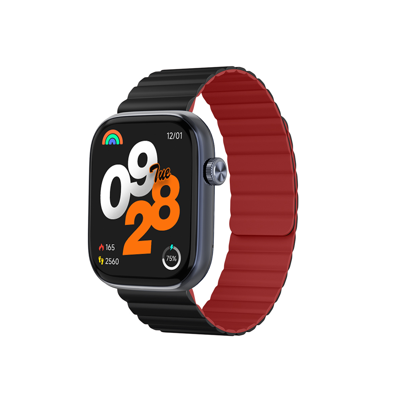 Smartwatch z czarnym ekranem pokazującym godzinę, datę i poziom naładowania baterii. Czerwony i czarny pasek.