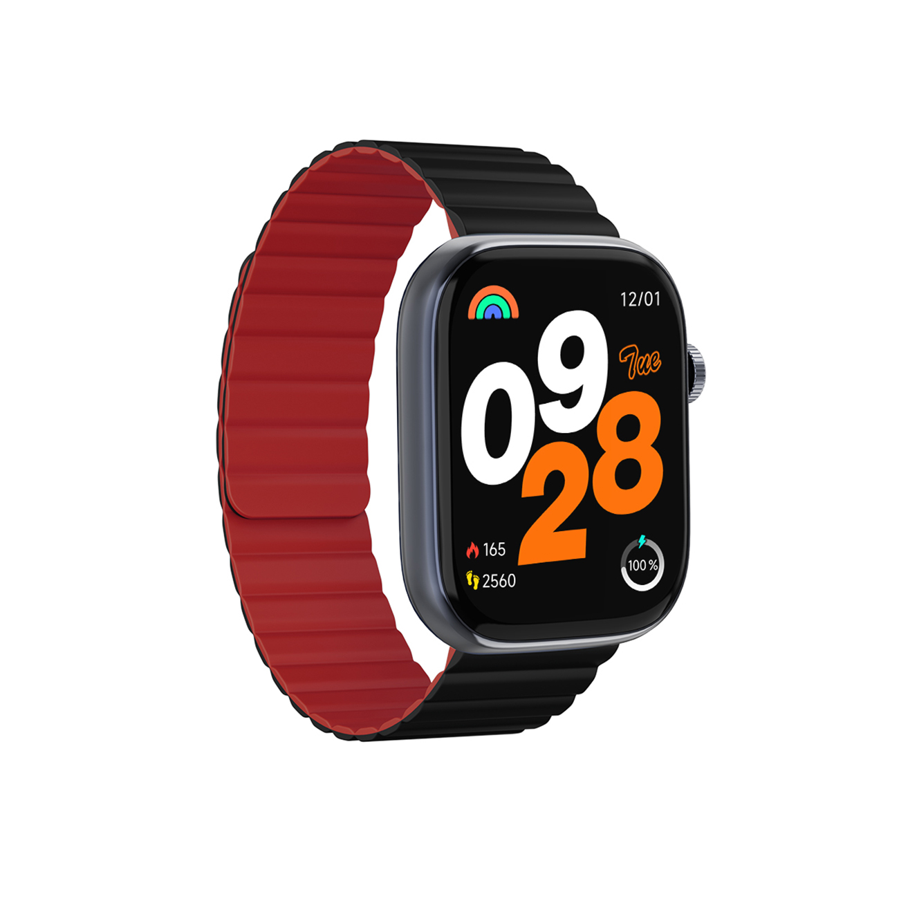 Smartwatch z czarną tarczą i pomarańczowym paskiem, wyświetlający datę i godzinę.