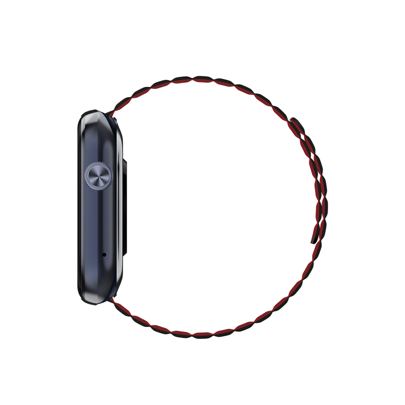 Smartwatch z czerwonym paskiem. Czarna tarcza zegarka, widok z boku. Białe tło.