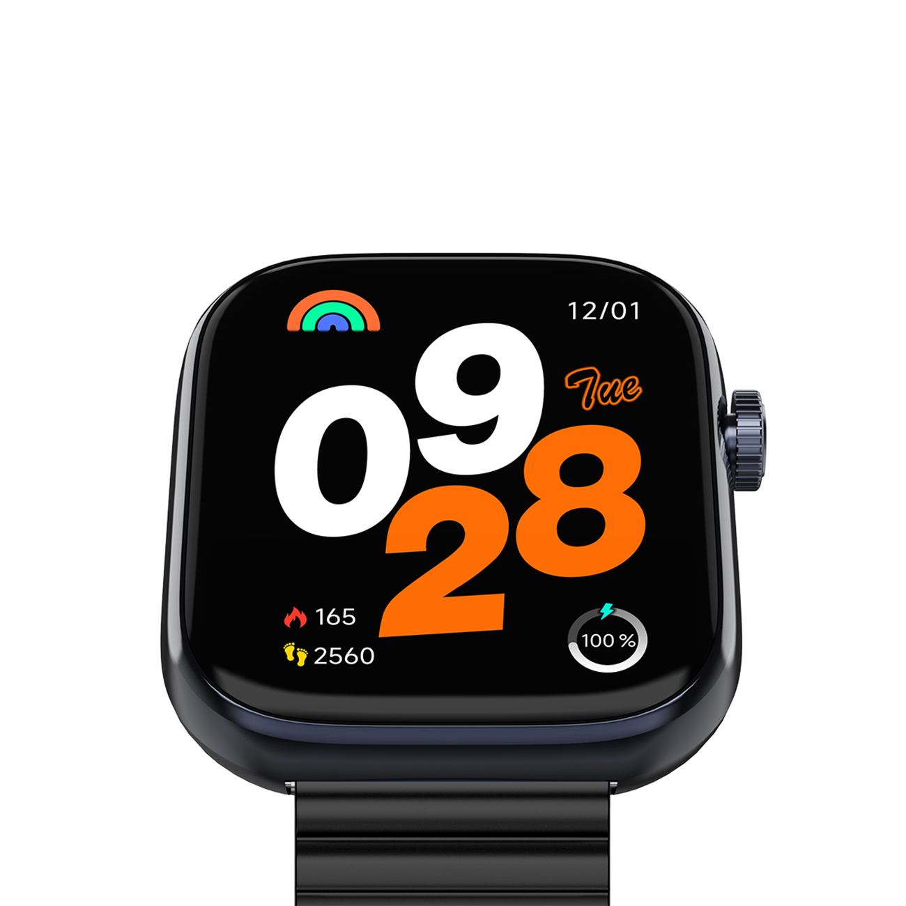 Czarny smartwatch pokazujący czas i statystyki. Czarny pasek i czarna ramka.