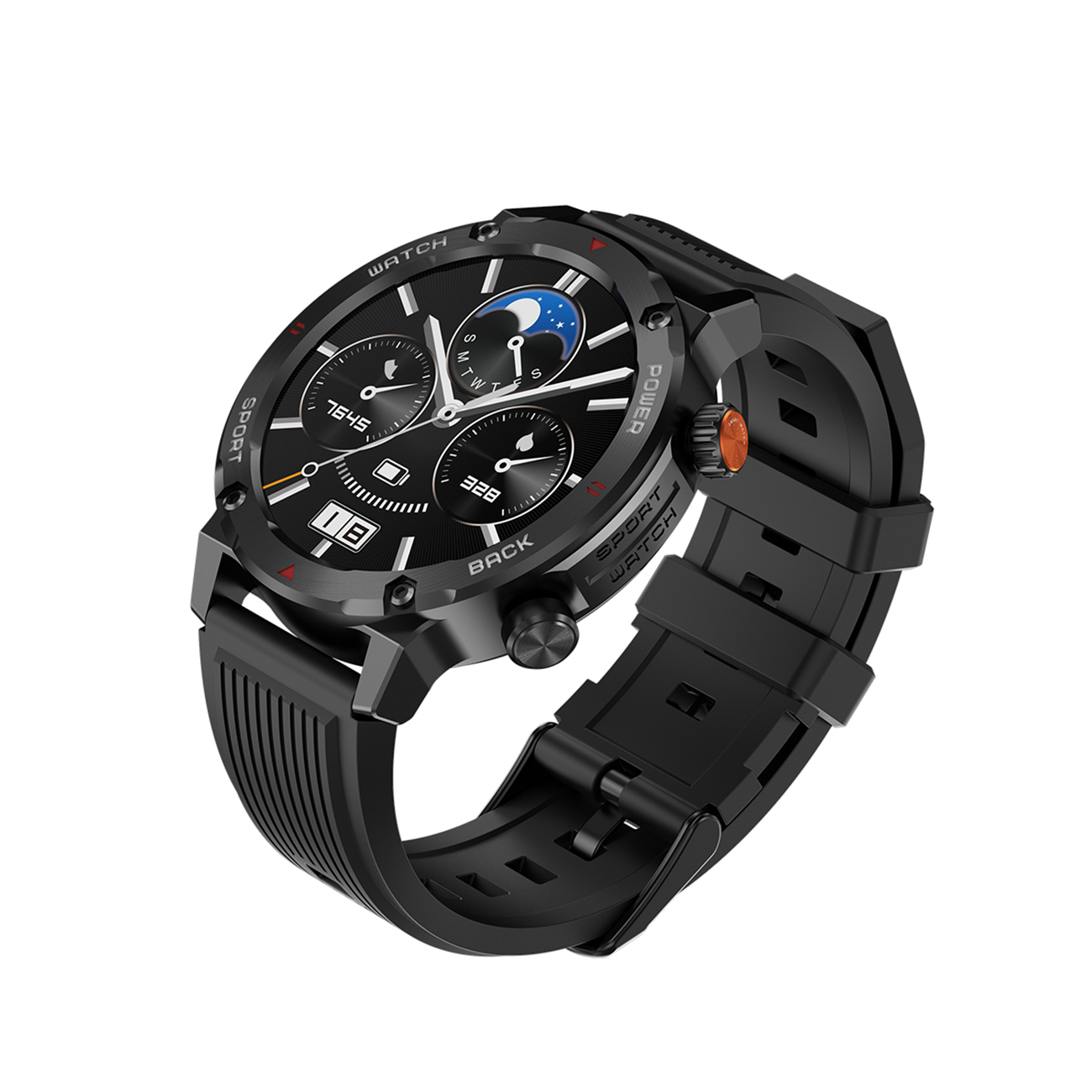 Schwarze Smartwatch mit rundem Zifferblatt und schwarzem Armband. Funktionen umfassen Sport- und Watch-Etiketten.