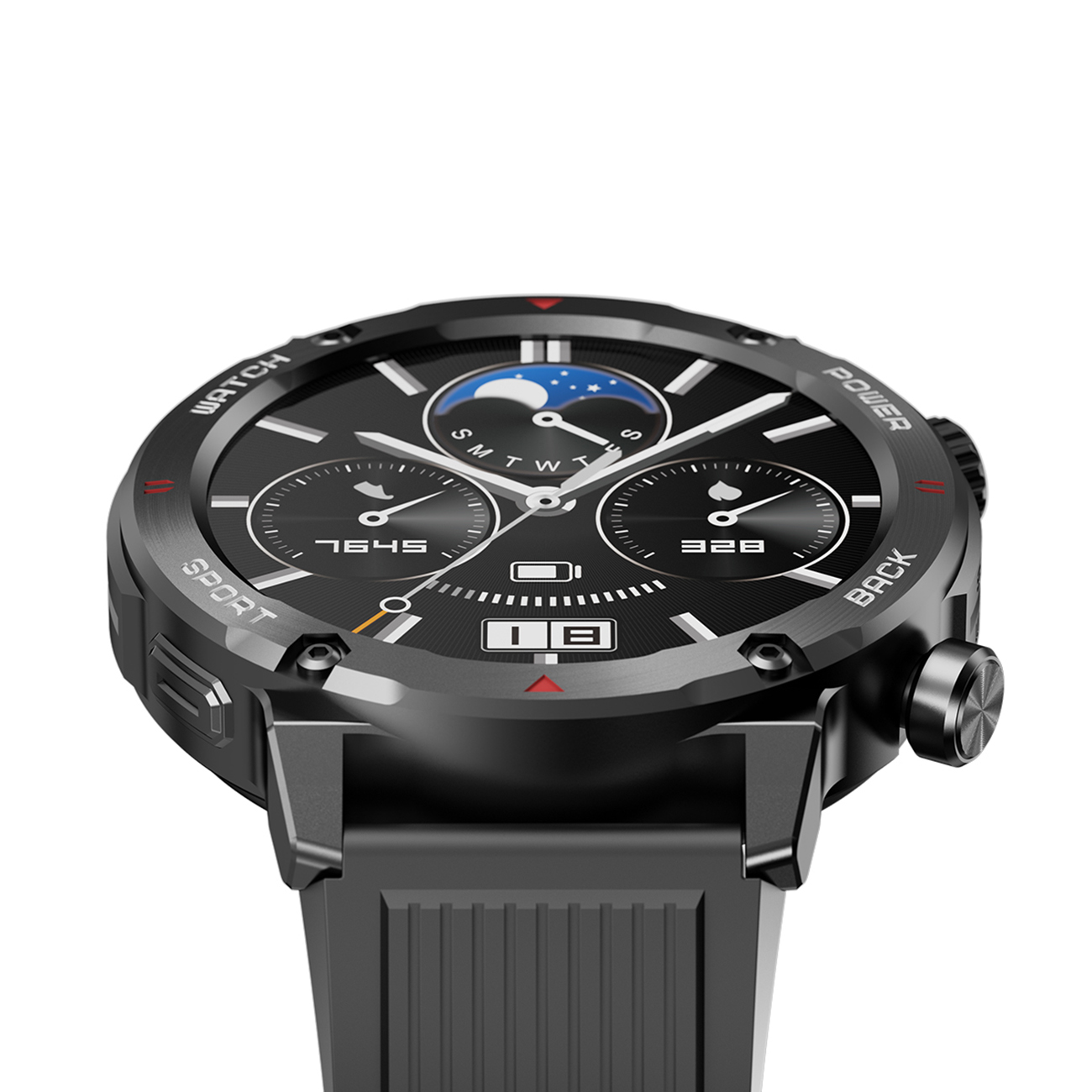 Nahaufnahme einer schwarzen Smartwatch mit Digitalanzeige auf weißem Hintergrund.