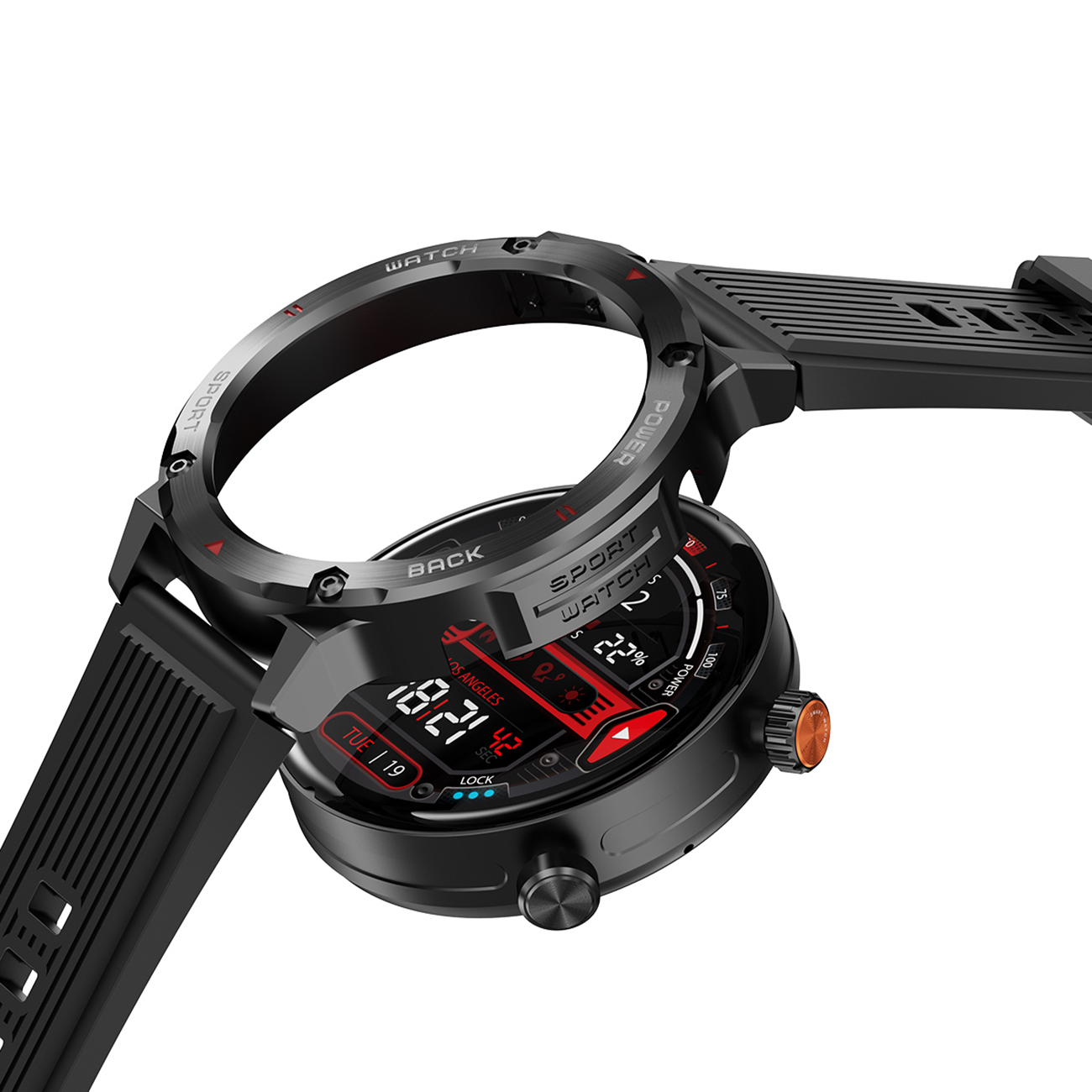 Schwarze Sportuhr mit Digitalanzeige, zeigt Zeit und Akku. Schwarzes Armband. Weißer Hintergrund.