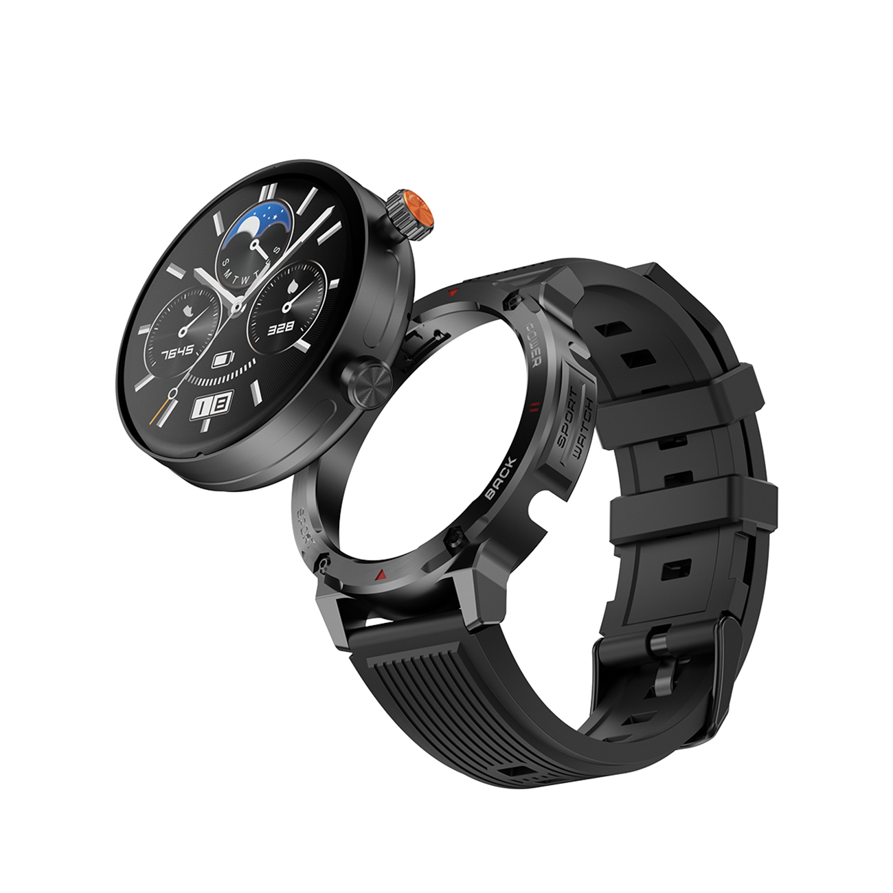Schwarze Smartwatch mit abgenommenem Zifferblatt und Armband.