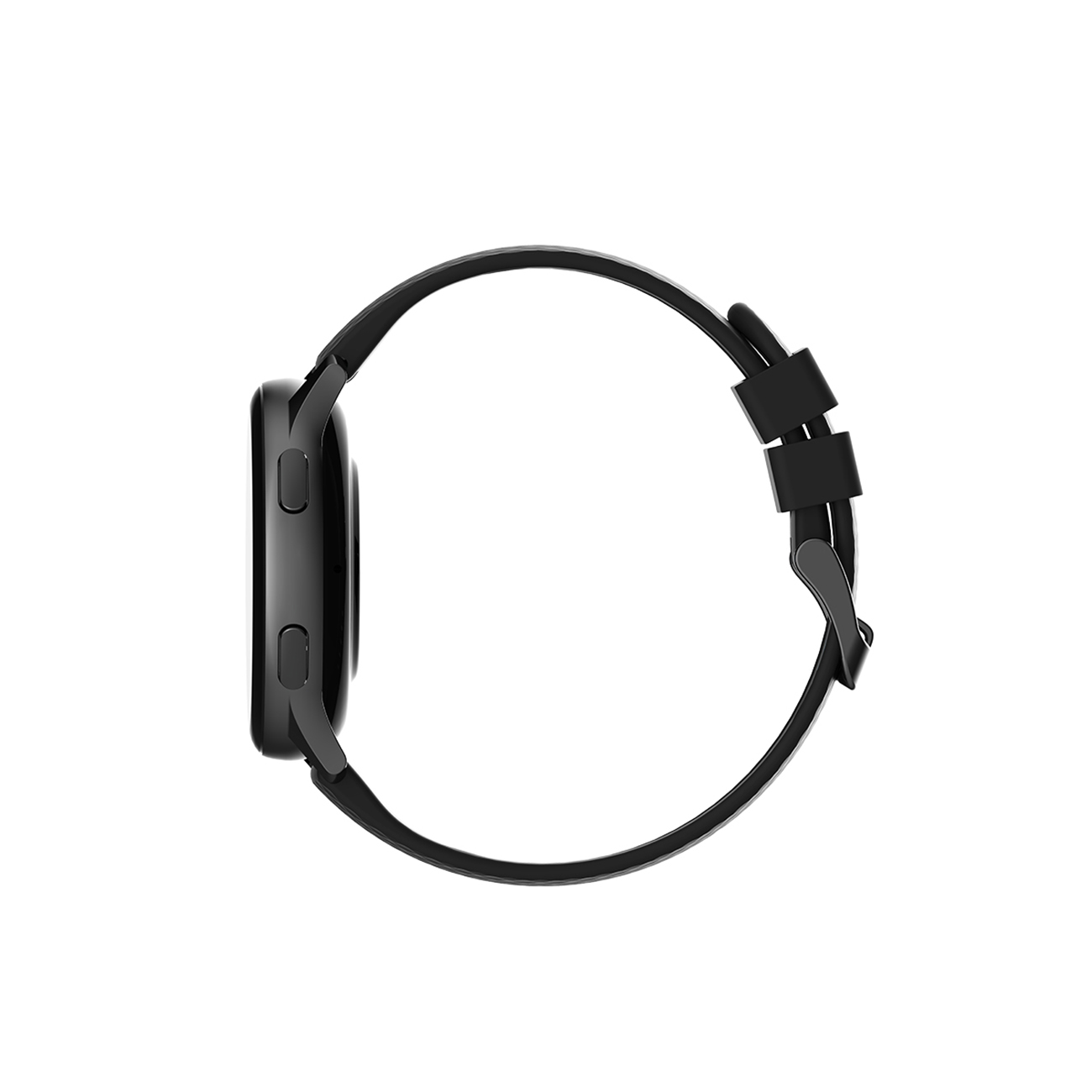 Smartwatch nero, vista laterale, con quadrante rotondo e cinturino nero. Design semplice.