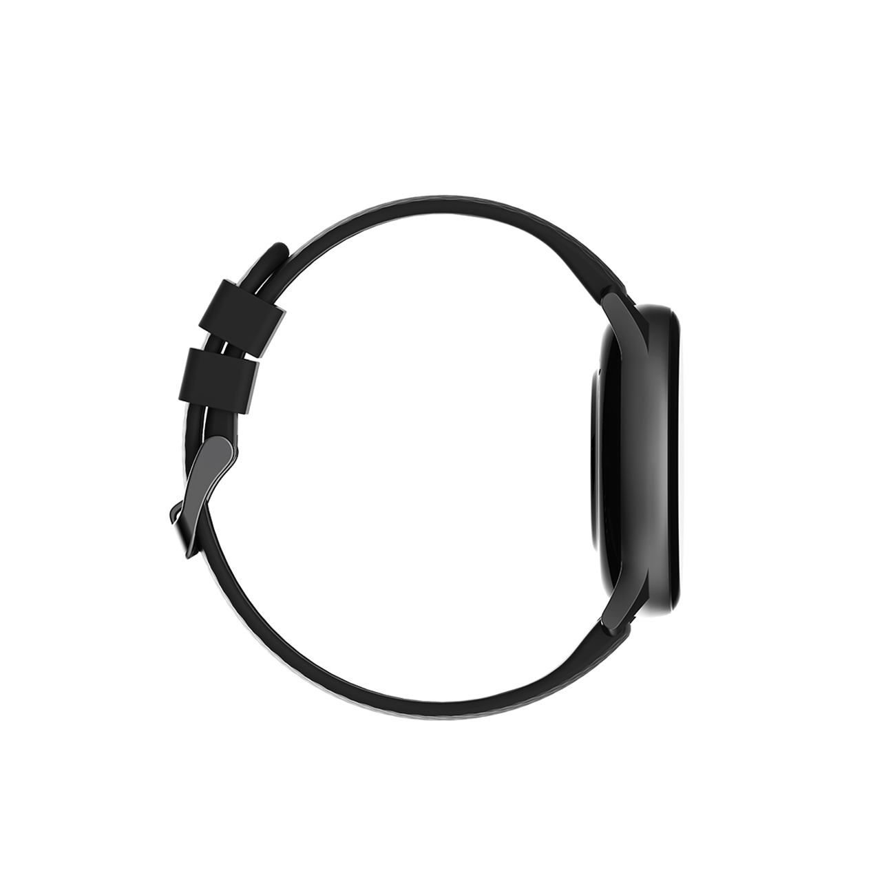 Smartwatch nero visto di lato, mostra il cinturino e lo schermo.