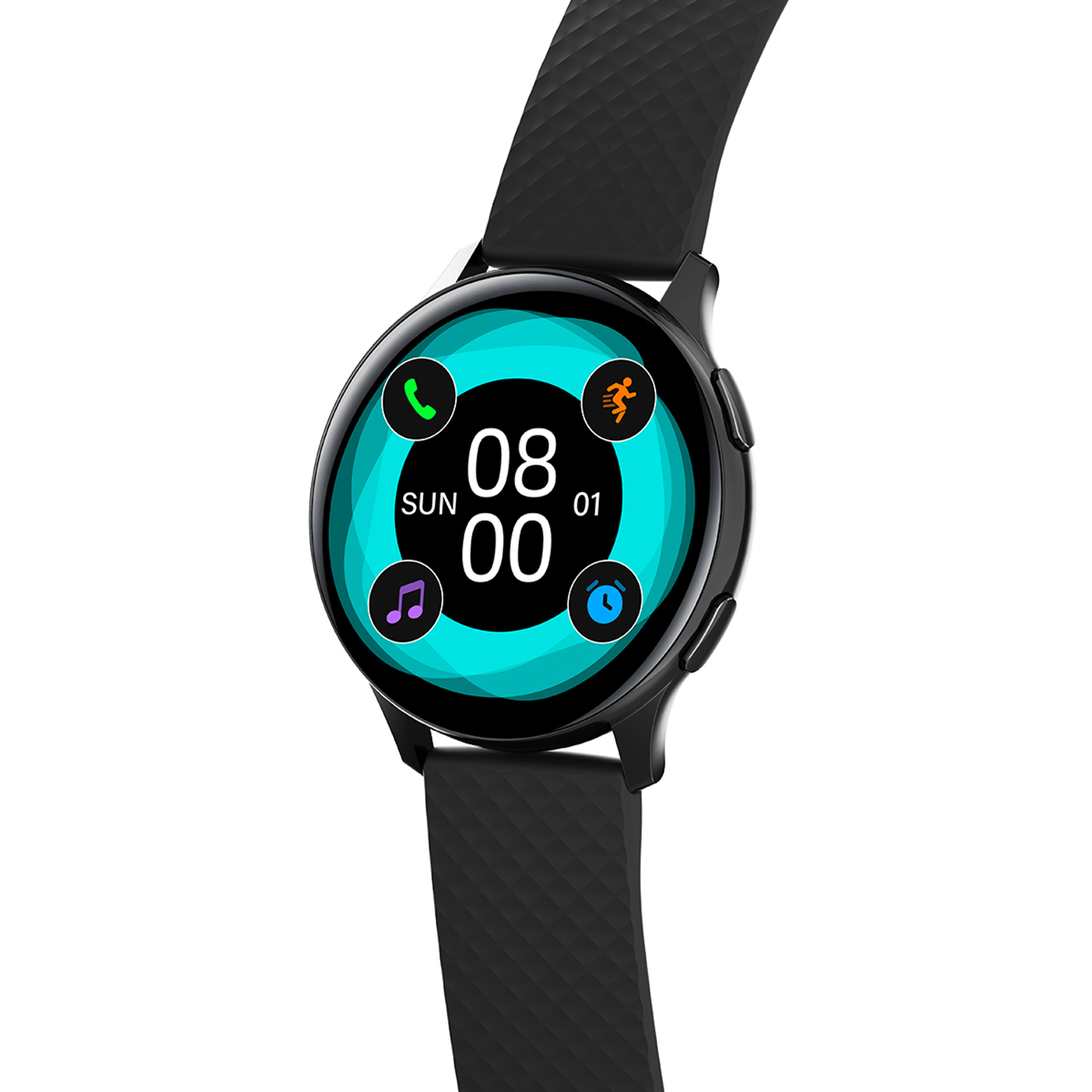 Smartwatch nero con schermo rotondo. Mostra ora, passi e icona musicale.