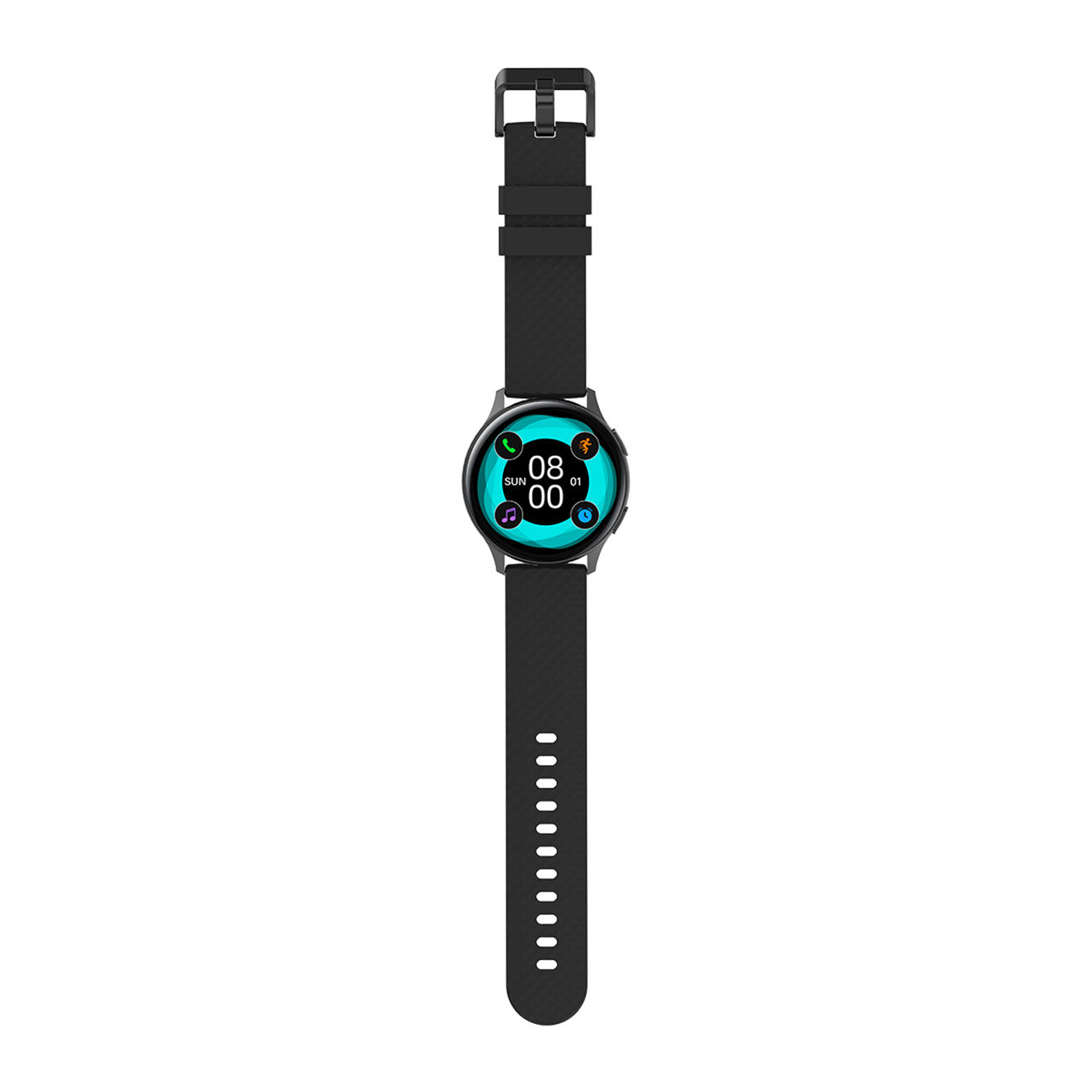 Uno smartwatch nero con quadrante rotondo, con cinturino nero. Mostra l'ora e le metriche di salute.
