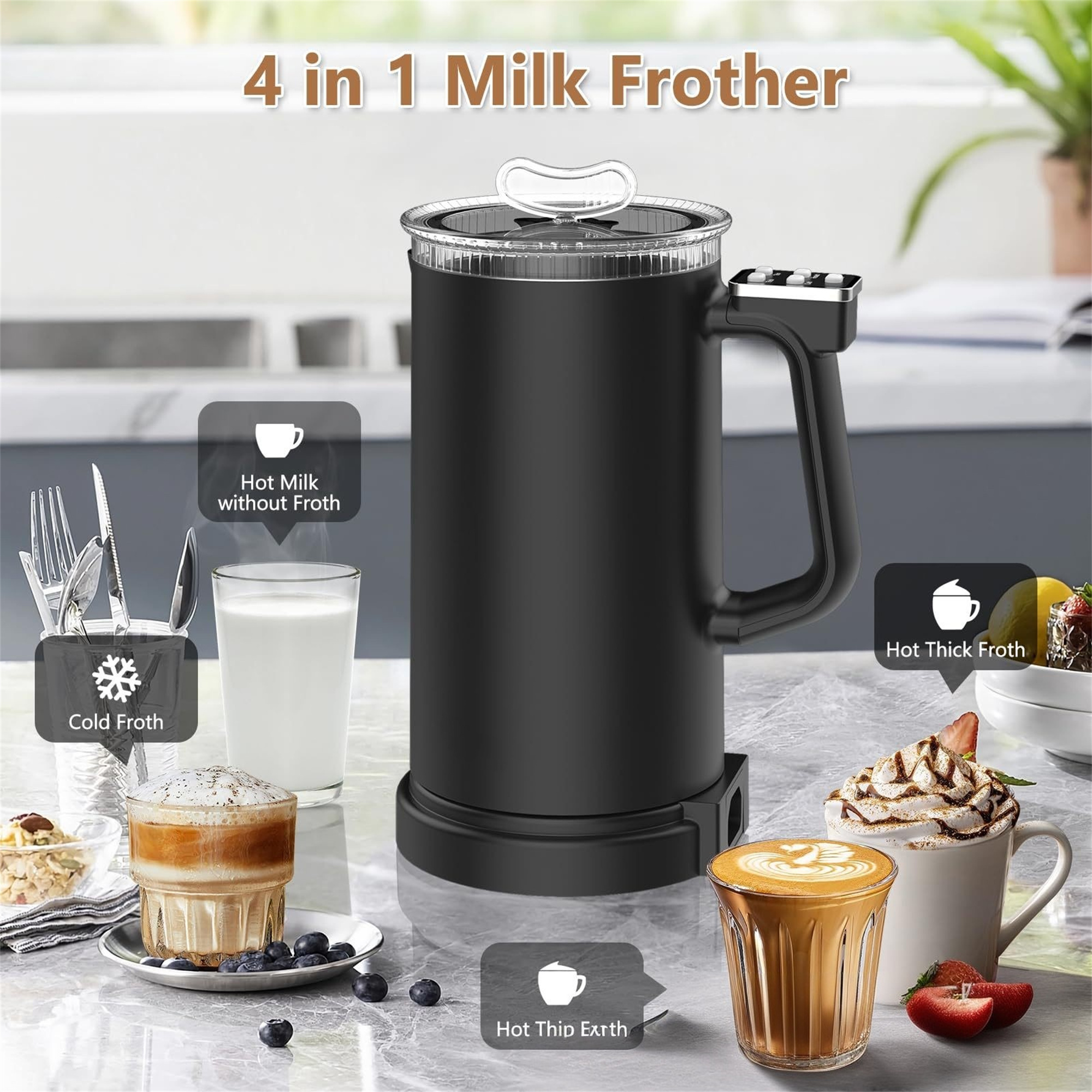 Ein schwarzer 4-in-1-Milchaufschäumer mit verschiedenen Milchoptionen.