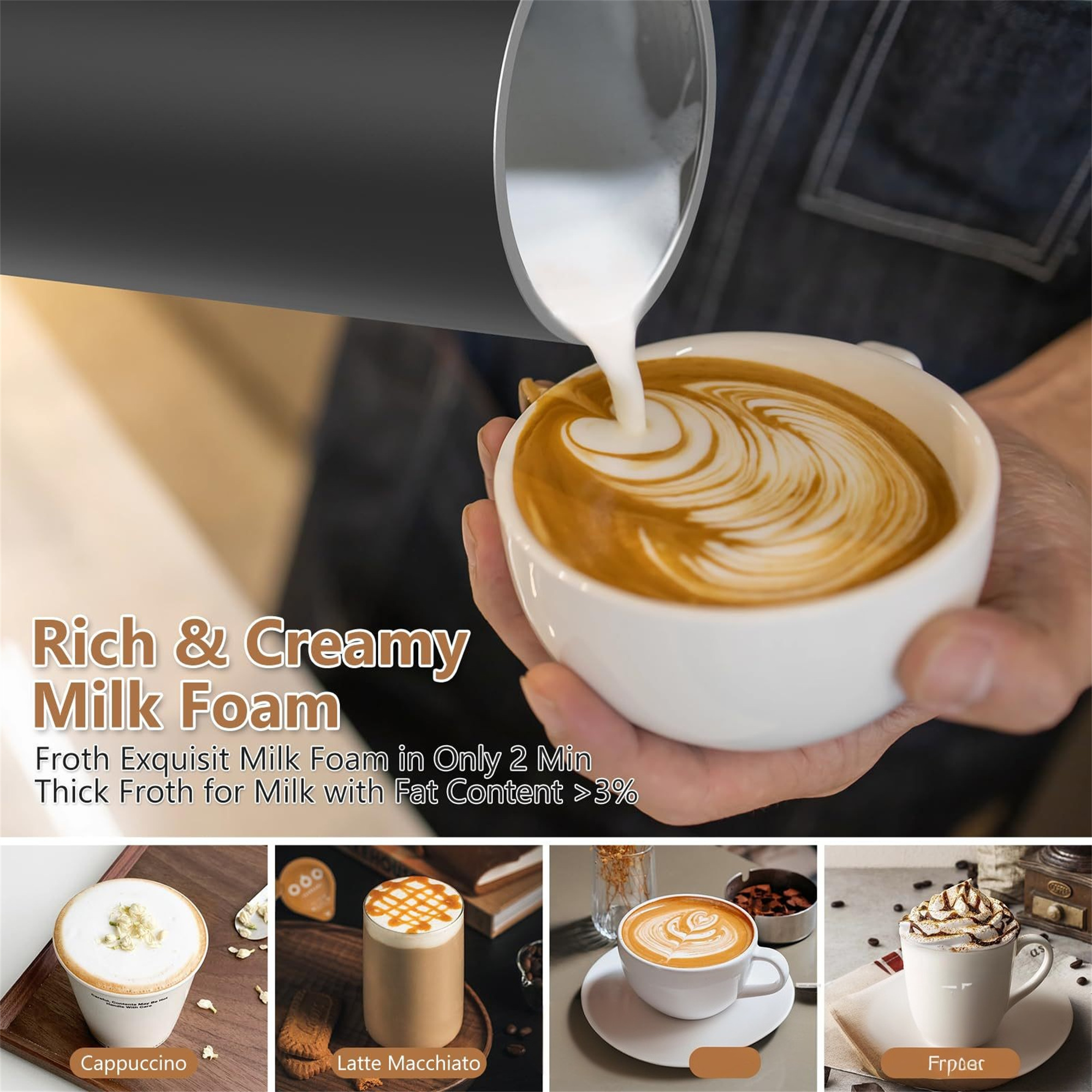 Milch wird in eine weiße Kaffeetasse gegossen und erzeugt Latte Art. Darunter Text und andere Kaffee-Bilder.