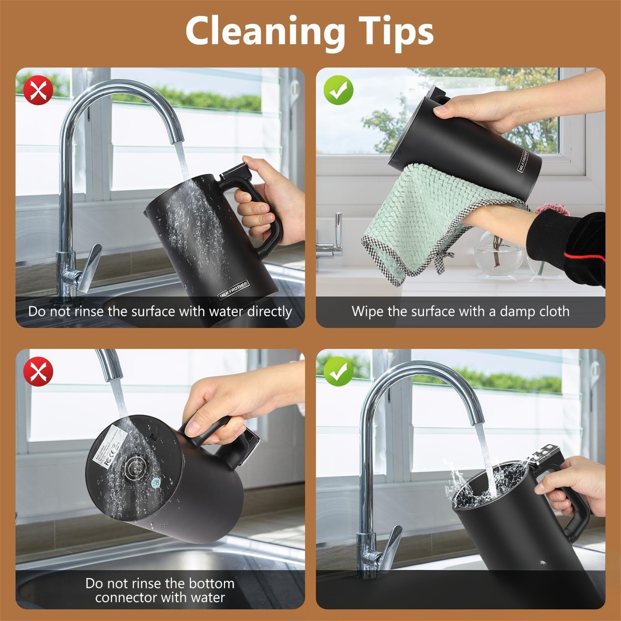 Bilder zeigen, wie man einen schwarzen Wasserkocher reinigt, einschließlich Do's und Don'ts.