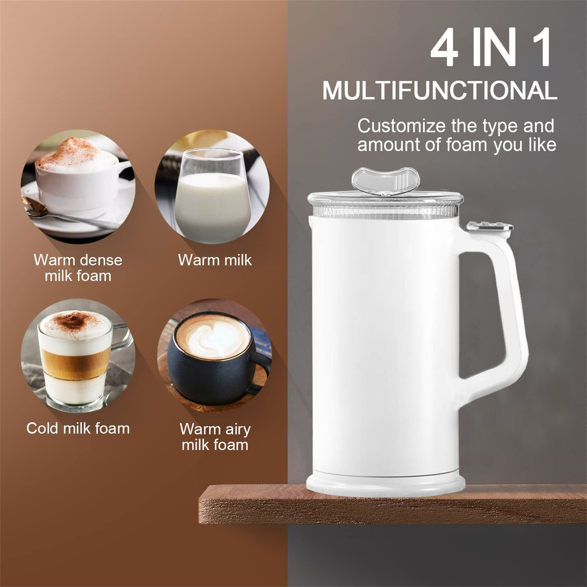 Weißer Milchaufschäumer mit 4-in-1-Funktionen. Anzeige zeigt Milchschaumarten.