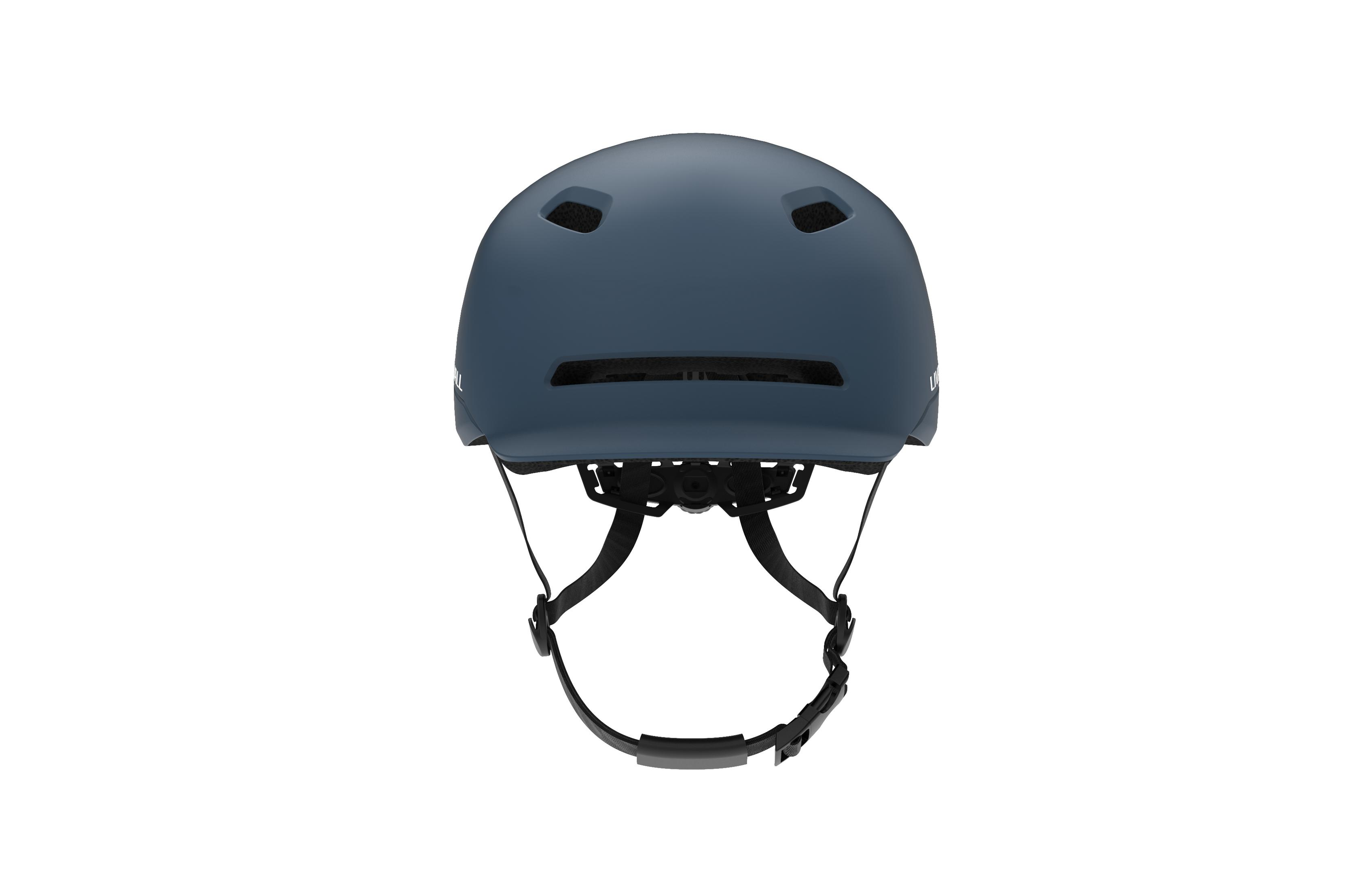 Casco blu con cinghie e fibbia. Il casco è visto frontalmente.