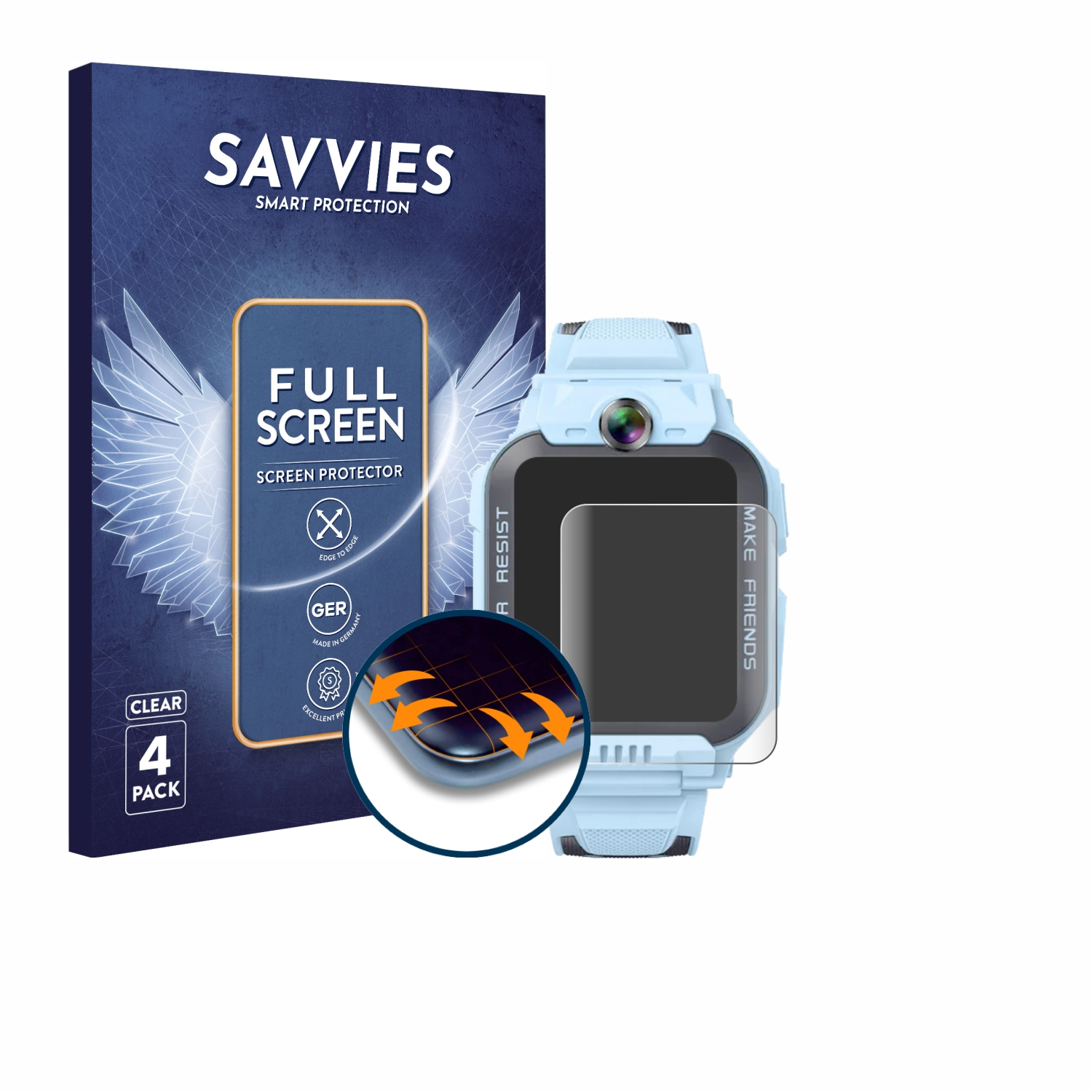 Displayschutzfolien-Set für eine Smartwatch. Die Box ist blau. Das Set enthält Schutzfolie und ein Uhrenbild.