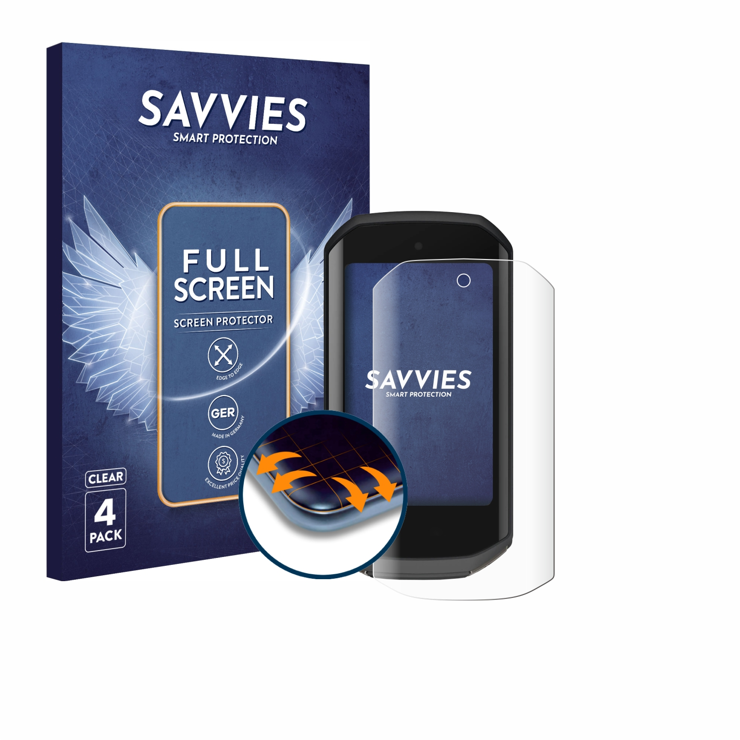 Displayschutzfolienbox und eine Smartwatch, beides auf weißem Hintergrund.