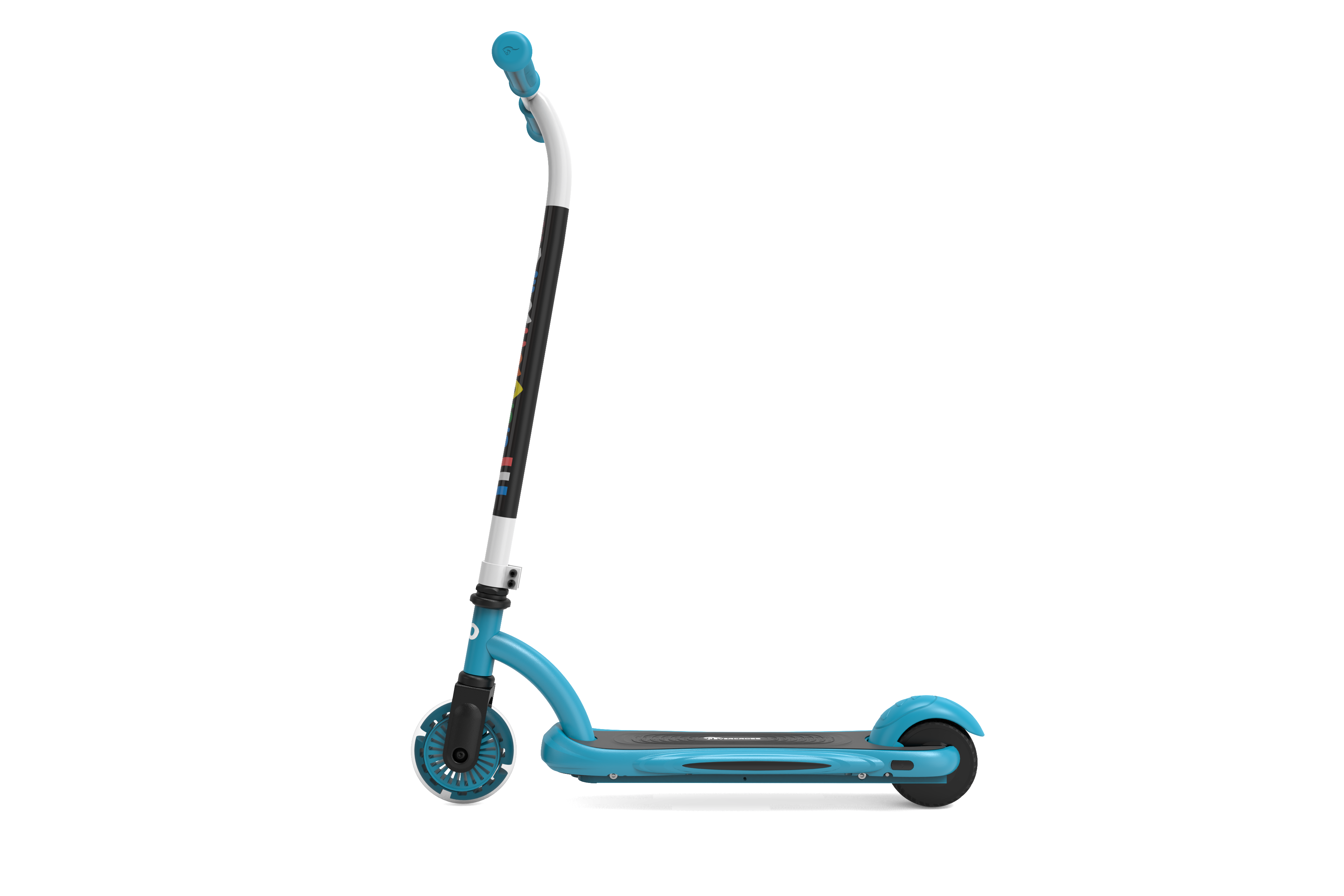 Blau-weißer Roller mit schwarzer Basis und Griff.