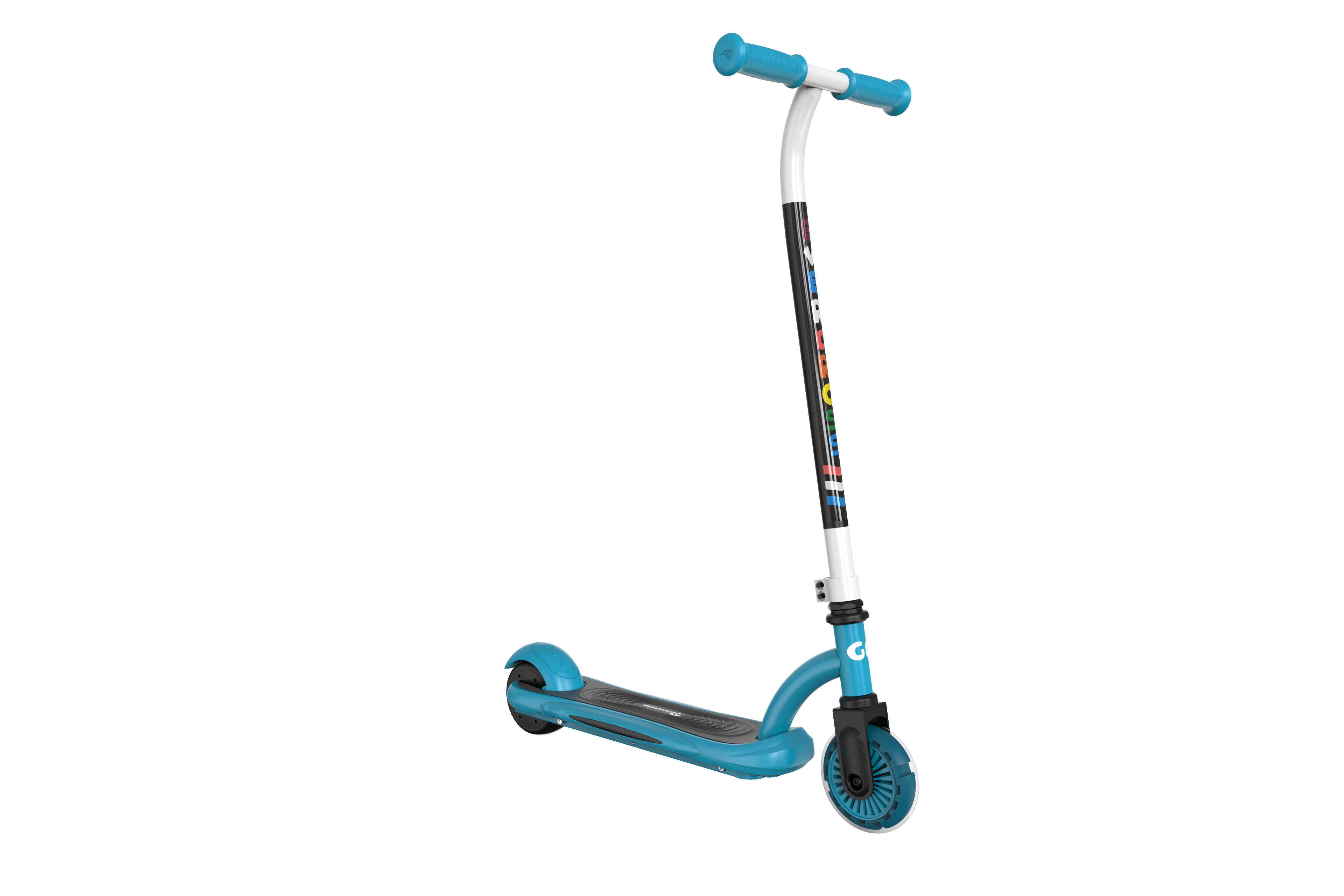 Ein blauer Roller auf weißem Hintergrund. Er hat einen weißen Griff und ein schwarzes Deck.