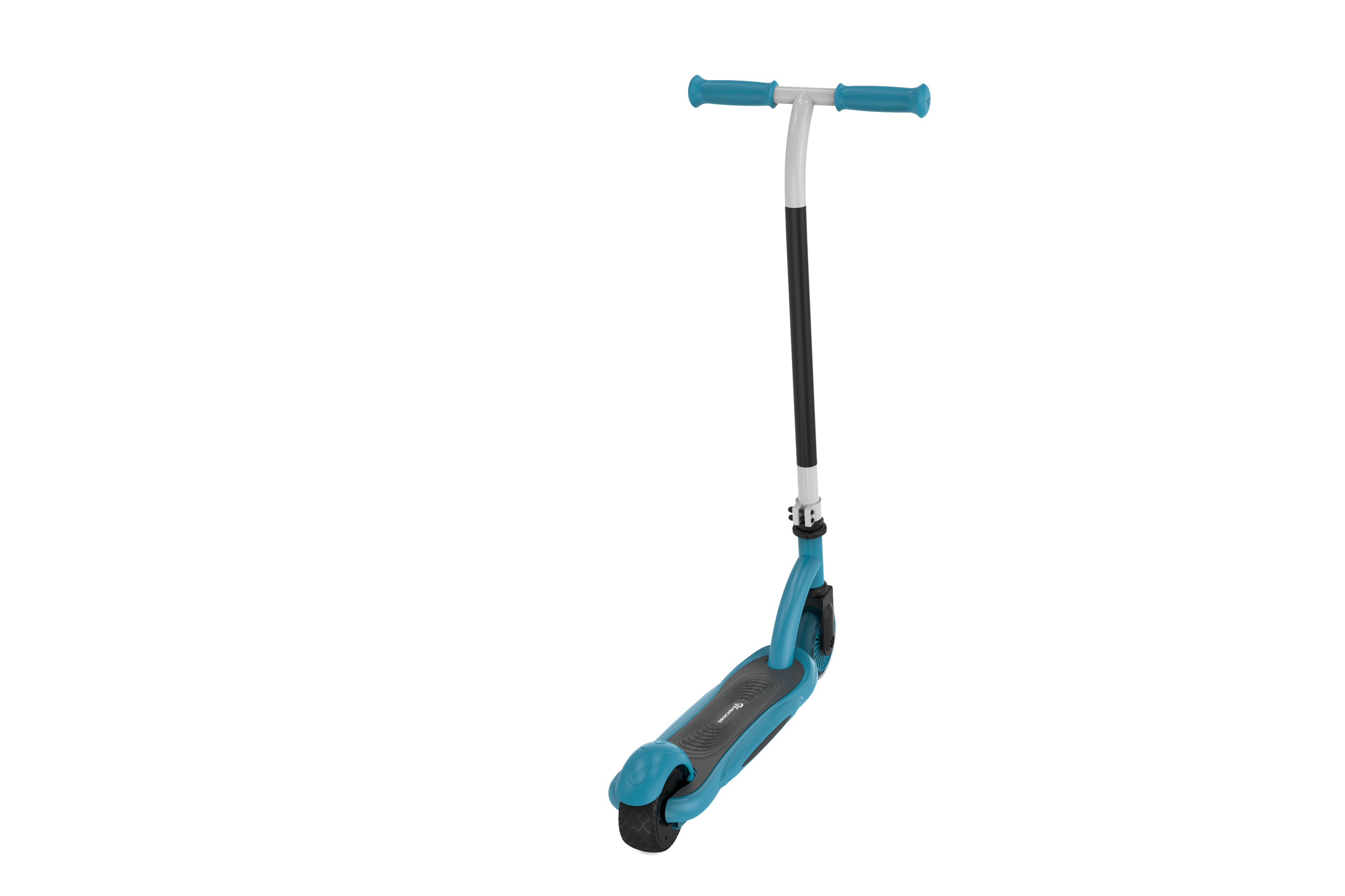 Blauer Roller mit schwarzen Rädern und einem silbernen Griff. Der Roller steht vor weißem Hintergrund.