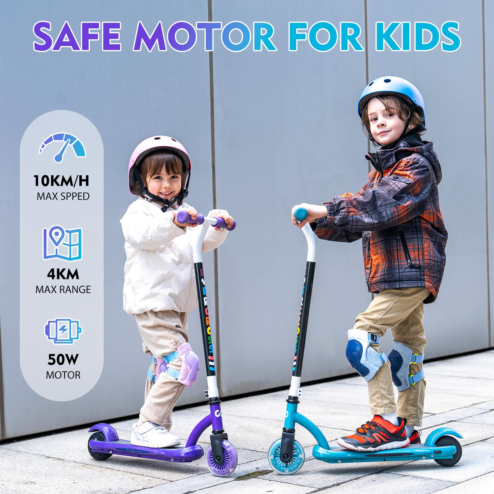 Zwei Kinder auf Rollern, lila und türkis, mit Sicherheitsausrüstung. Text: 10 km/h, 4 km Reichweite und 50 W Motor.