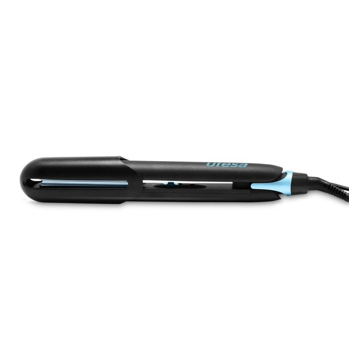 Plancha de pelo negra con placas azules y la palabra 'uresa' escrita, sobre fondo blanco.
