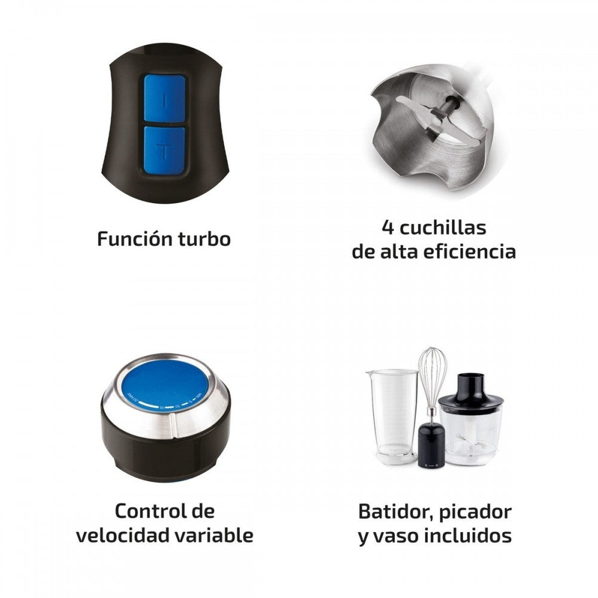 Una imagen de una licuadora con las piezas. Incluye un botón turbo y control de velocidad.