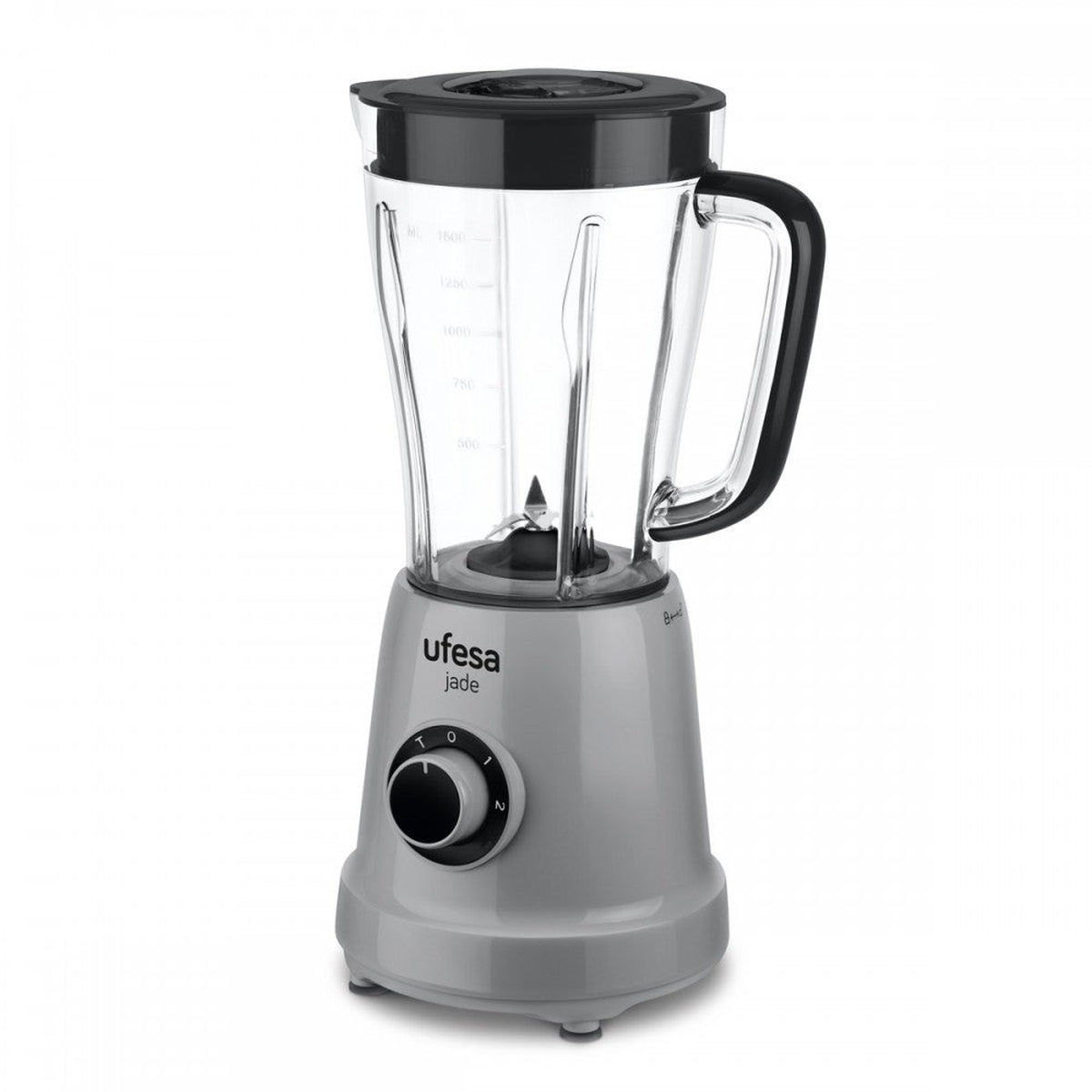 Una licuadora gris con tapa, asa y dial de control negros.