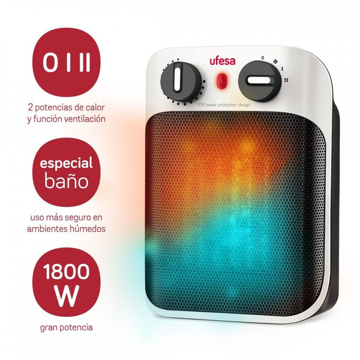 Biało-czarny grzejnik elektryczny z pokrętłami sterowania i czerwonym światłem, pokazujący kolorowe ciepło.