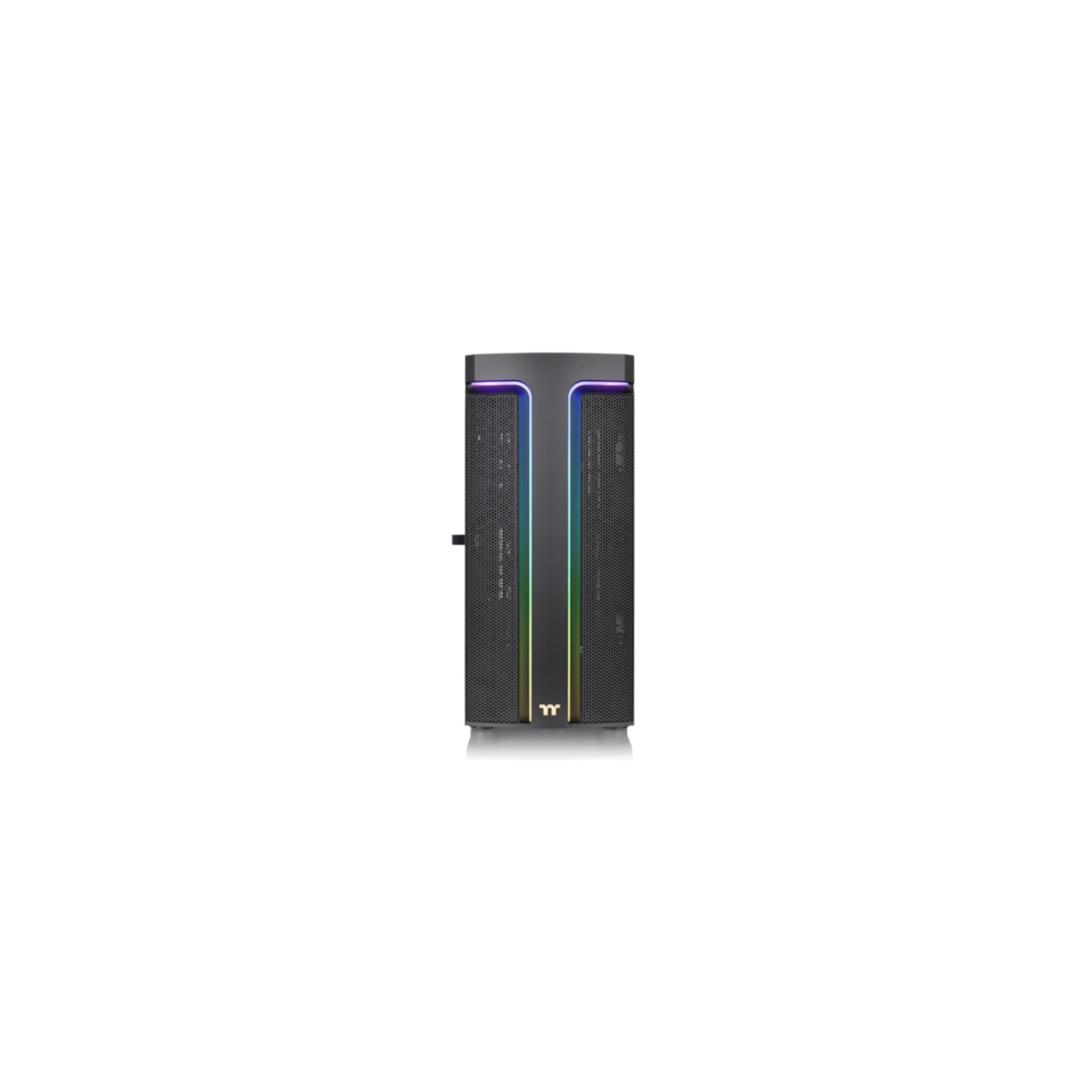 Schwarze Computergehäuse-Vorderansicht. Zwei vertikale Abschnitte mit Farblicht.