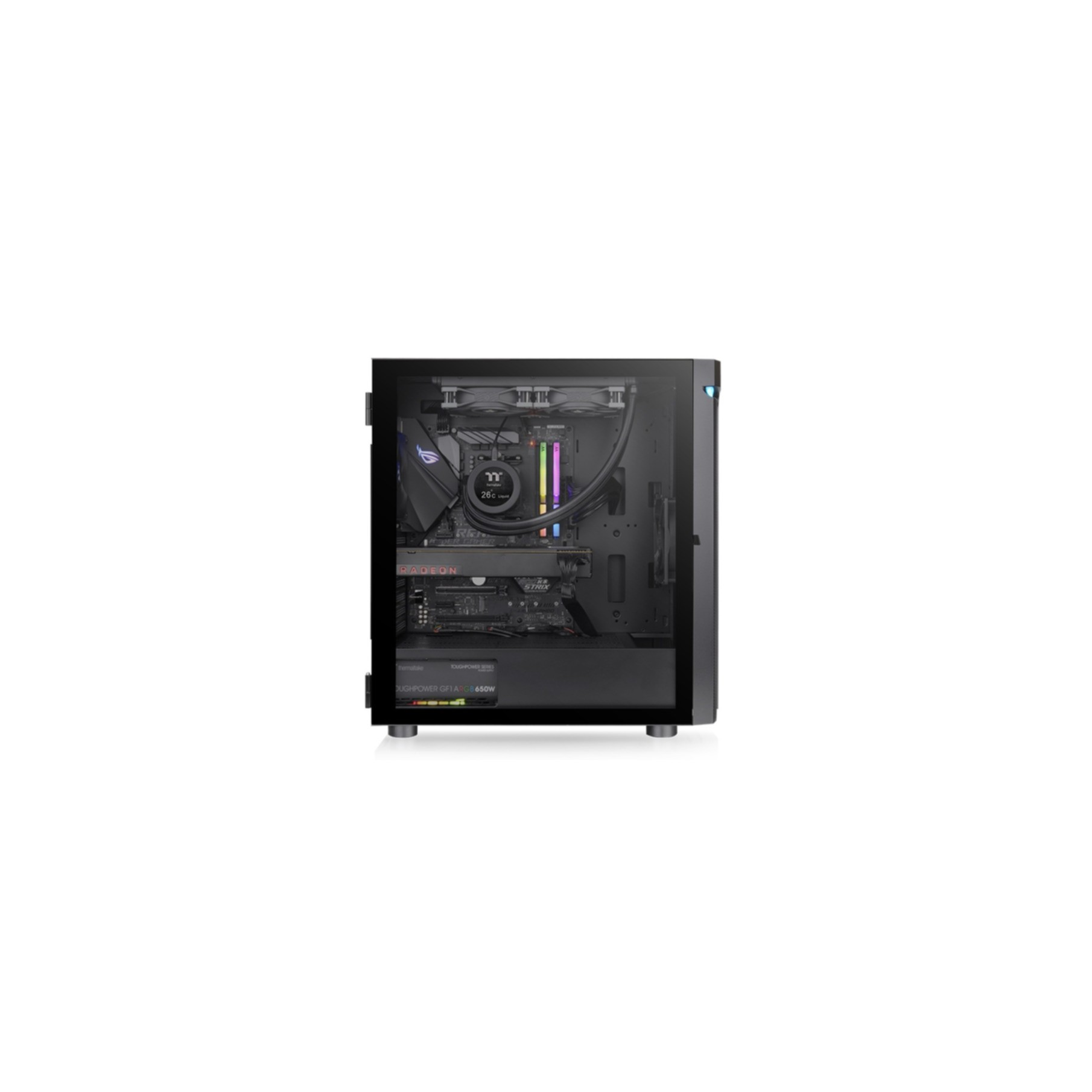 Computergehäuse mit Komponenten. Zeigt CPU-Kühler, Grafikkarte und andere Hardware. Glas-Seitenwand.