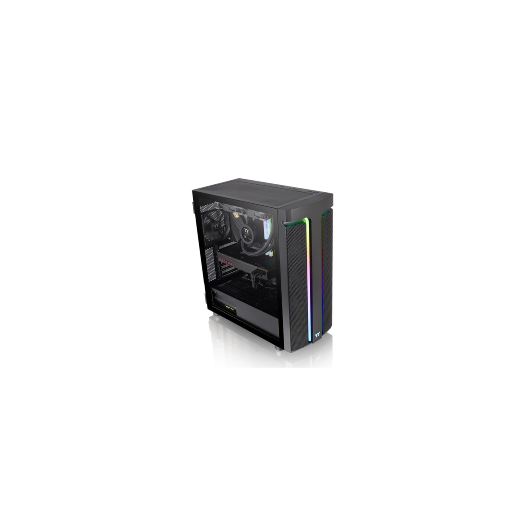 Schwarzes PC-Gehäuse. Seitenansicht. Glasplatte, farbige Lichter und interne Komponenten.
