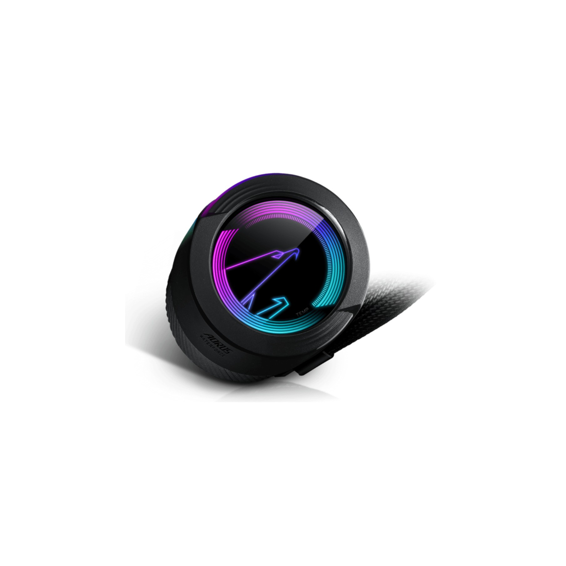 Dispositivo di raffreddamento nero. Logo Aorus, illuminazione multicolore.