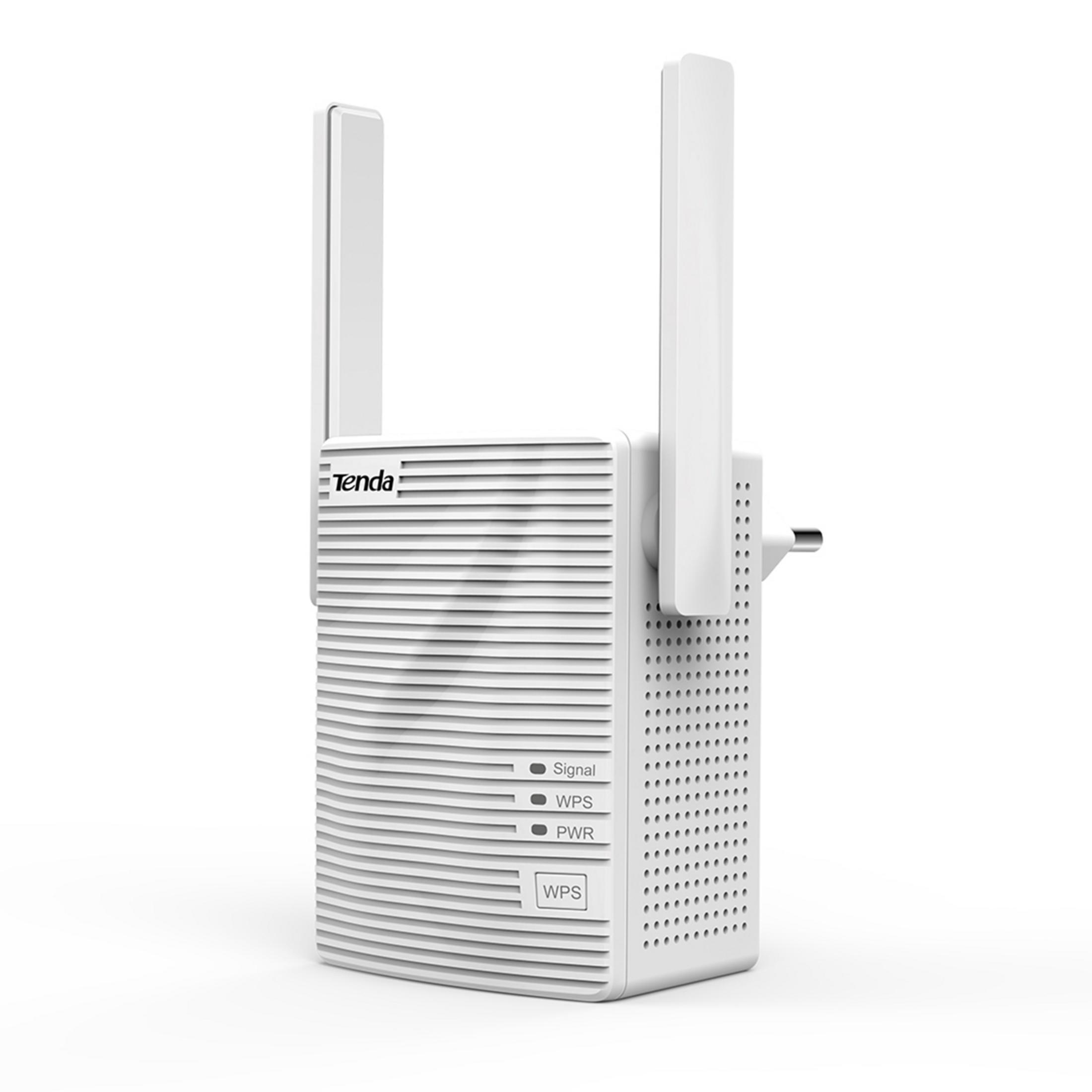 Extensor de rango Wi-Fi Tenda blanco con antenas y enchufe, aislado sobre fondo blanco.