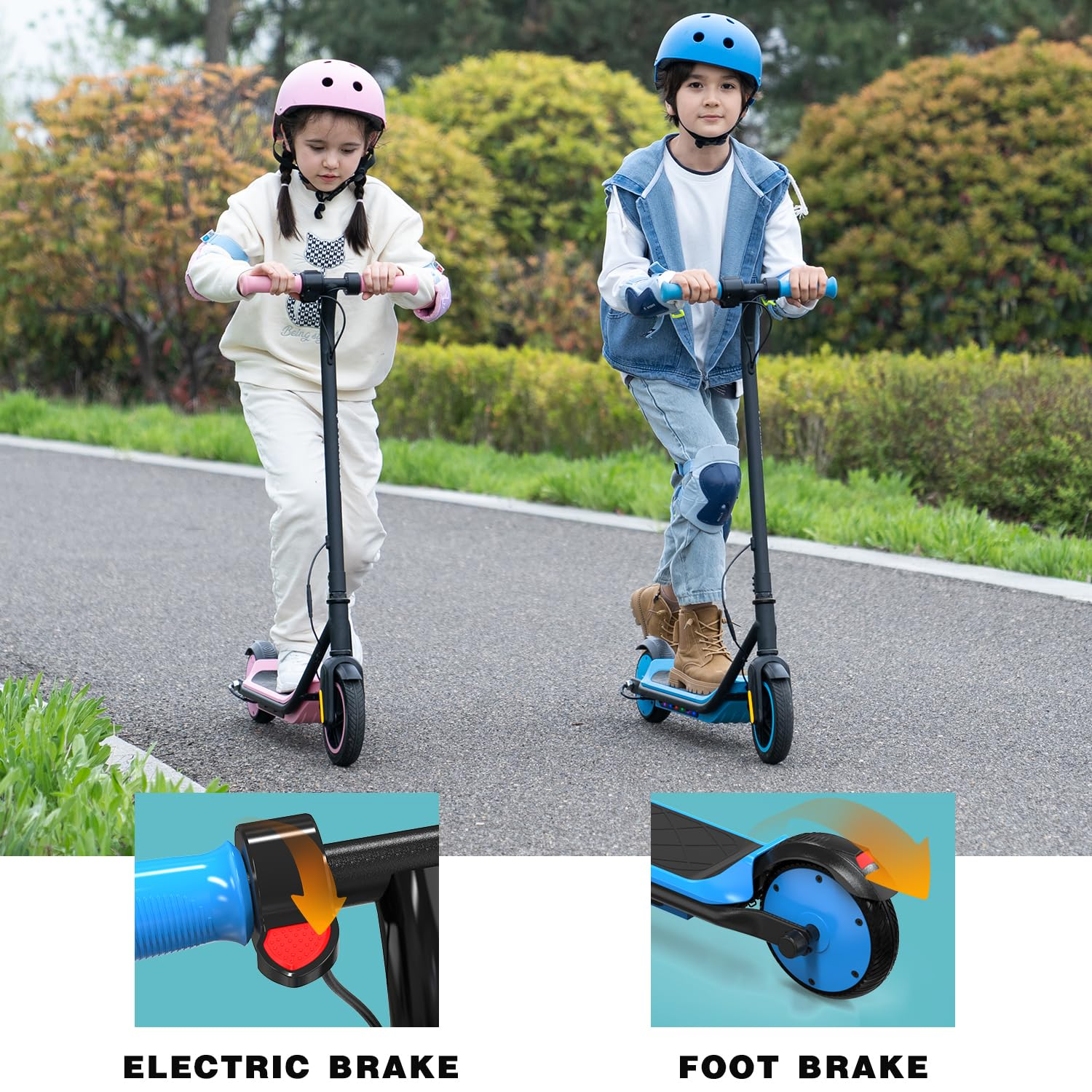 Due bambini su scooter. Uno ha casco e scooter rosa, l'altro casco e scooter blu.