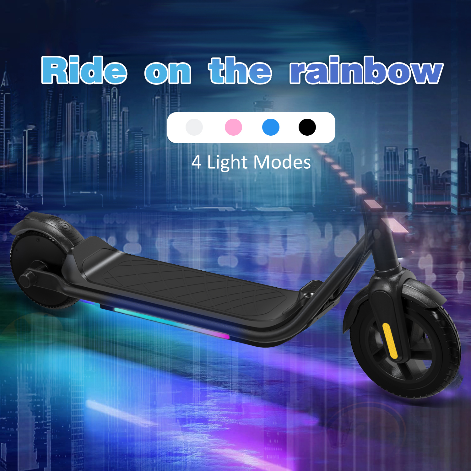 Elektroroller mit Regenbogenlichtern und Text "Ride on the rainbow".