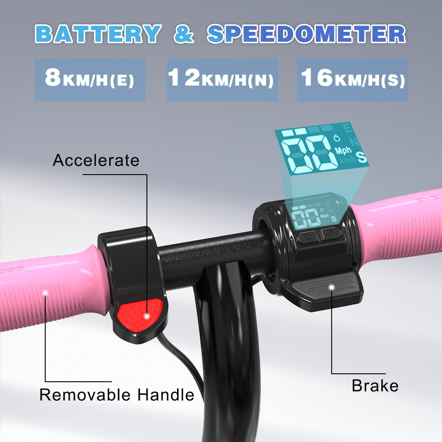 Primo piano del manubrio di uno scooter con opzioni di velocità e leva di accelerazione.