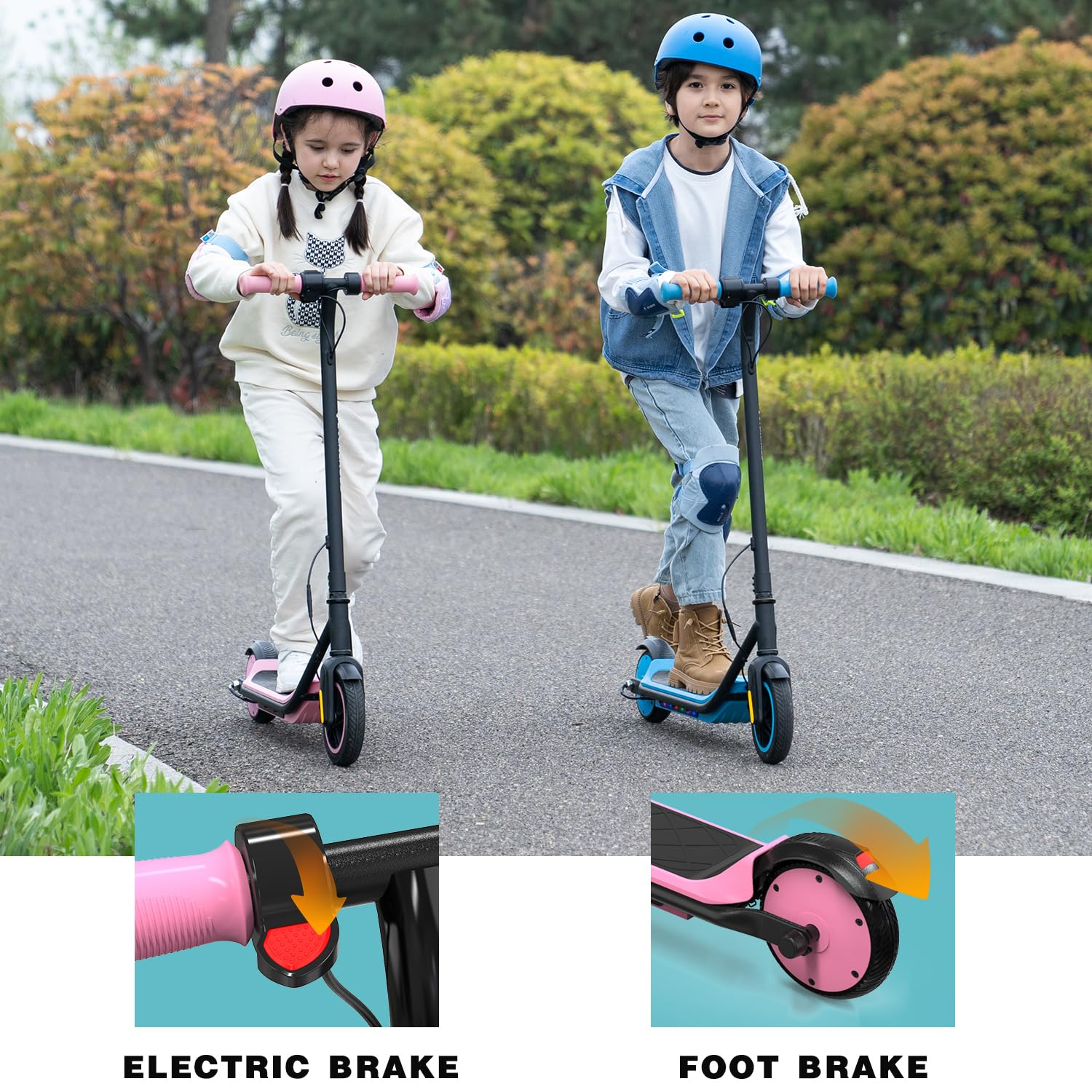 Due bambini su scooter. Uno indossa un casco blu, l'altro rosa.