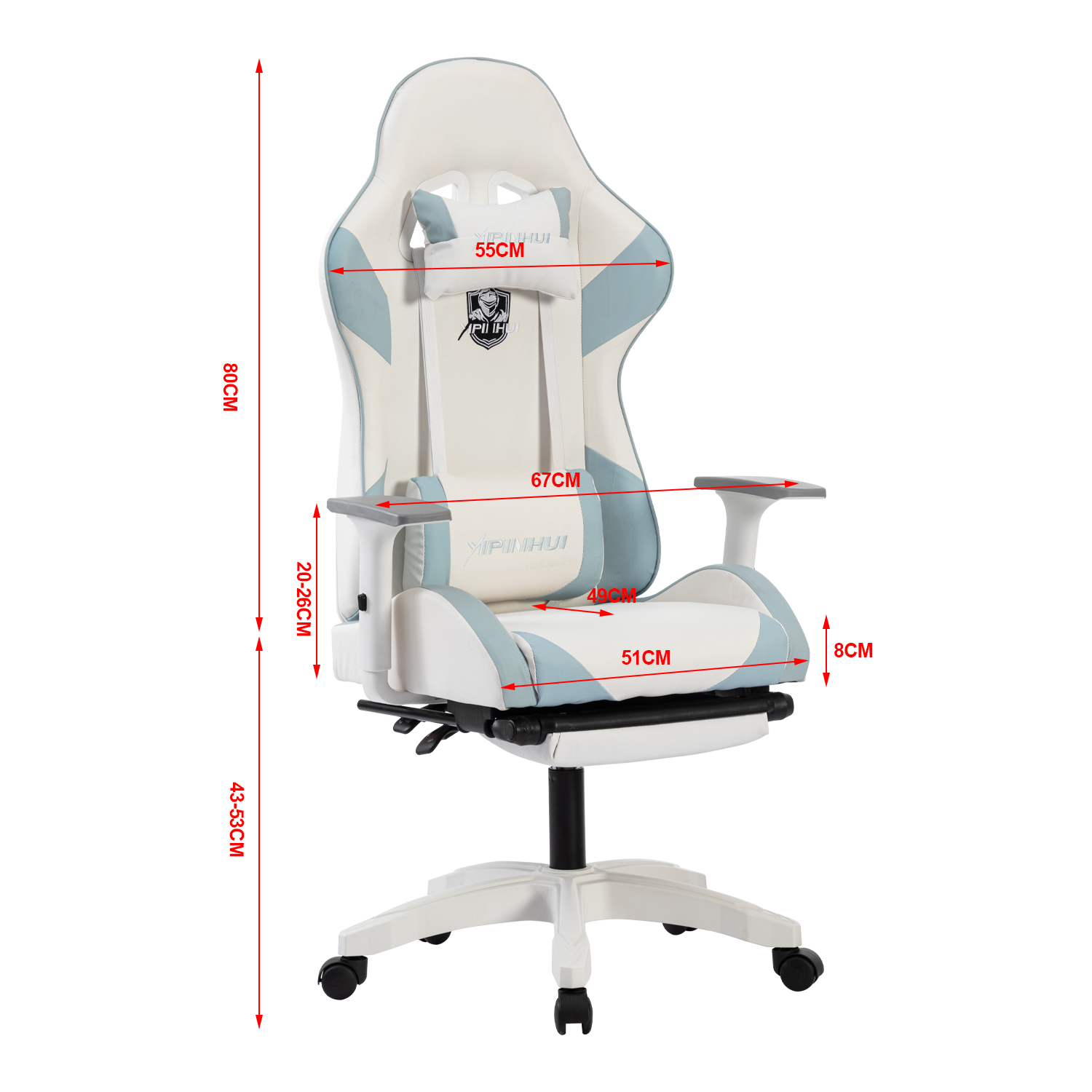 Silla gaming blanca y azul con dimensiones. Tiene reposabrazos y reposacabezas.
