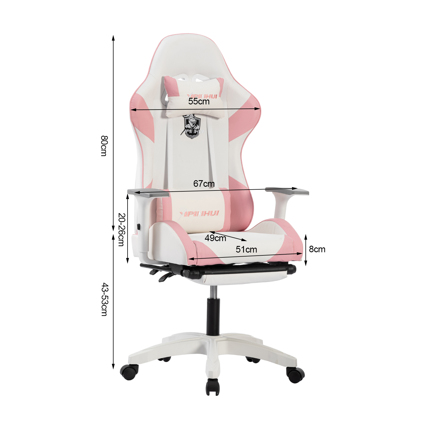 Rosa-weißer Gaming-Stuhl mit Abmessungen in Zentimetern auf weißem Hintergrund.