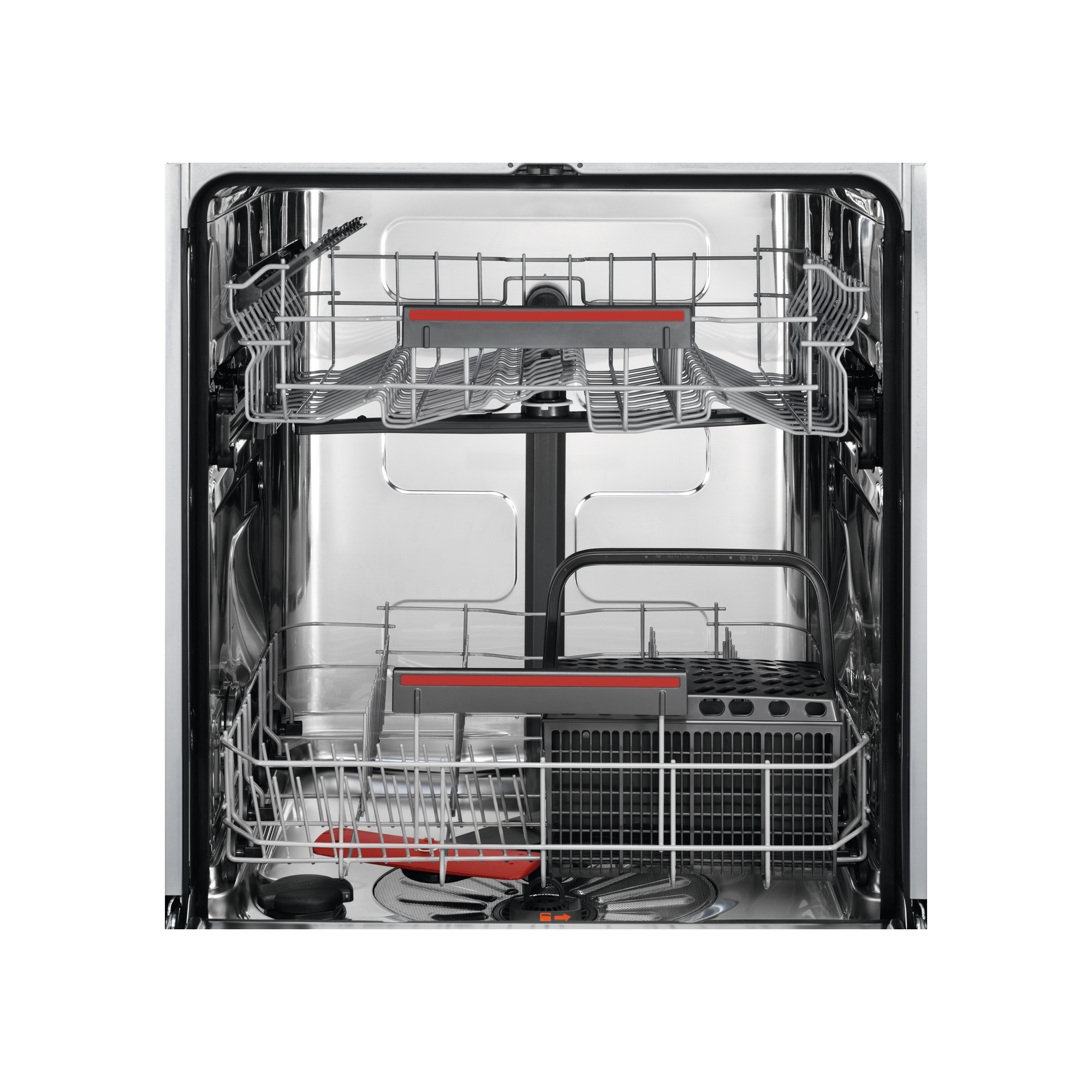 Wnętrze zmywarki, pokazujące kosze na naczynia i sztućce, z czerwonymi akcentami.