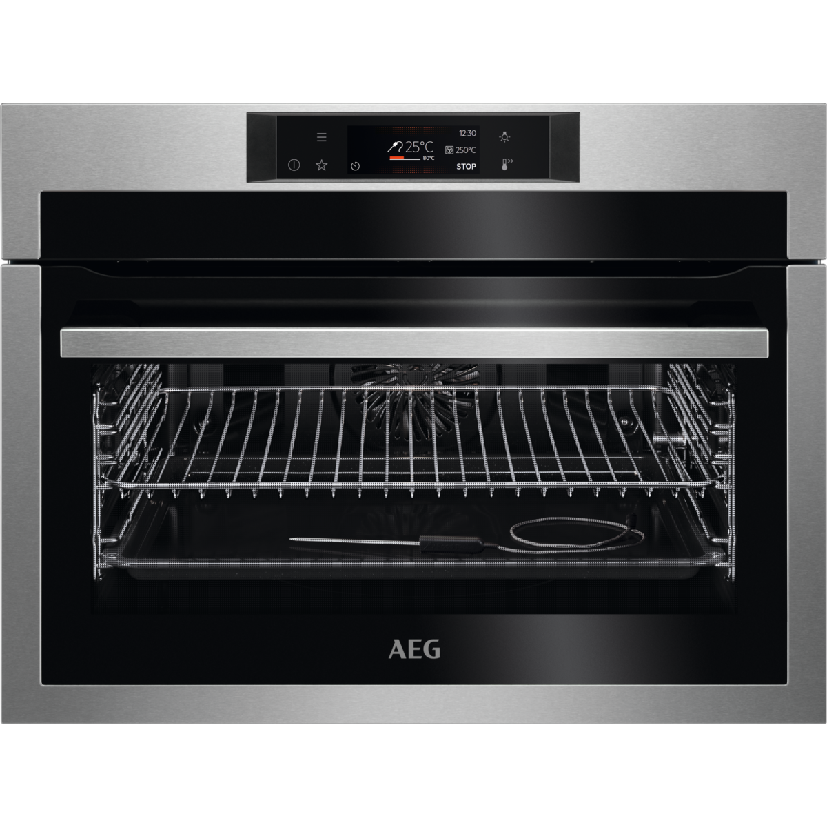 Horno de acero inoxidable con puerta abierta y rejilla metálica. La pantalla muestra la temperatura y la hora.