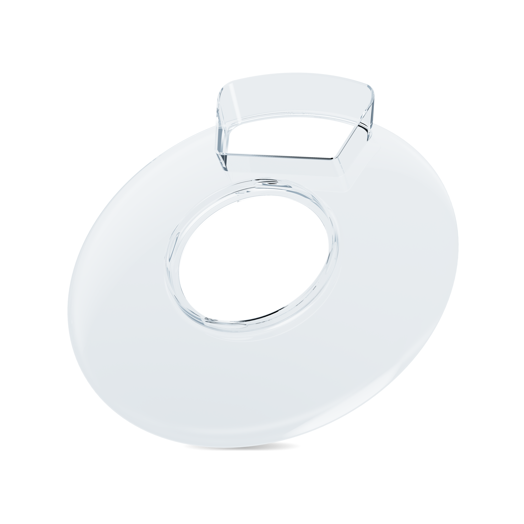 Coperchio in plastica trasparente di forma ovale con apertura centrale.